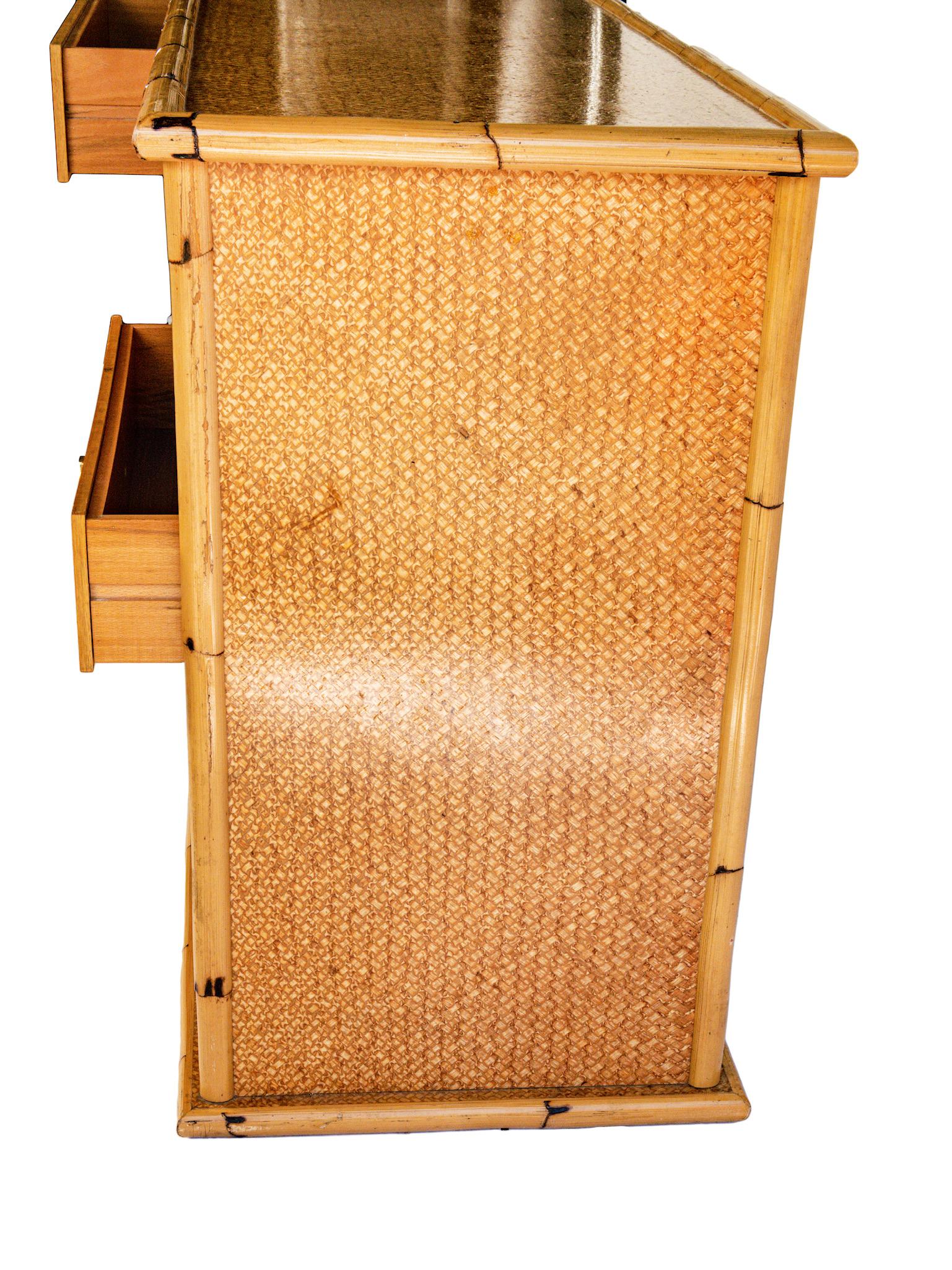 Mid Century Twelve-Drawer Ratan Sideboard with Brass Knob Handles For Sale 2