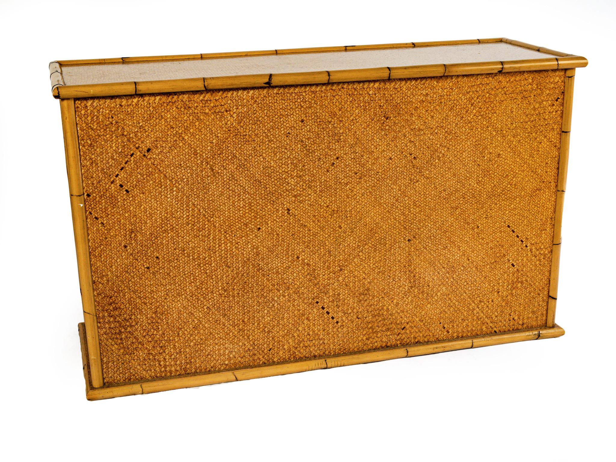Mid Century Twelve-Drawer Ratan Sideboard with Brass Knob Handles For Sale 3