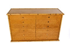 Mid Century Twelve-Drawer Ratan Sideboard with Brass Knob Handles