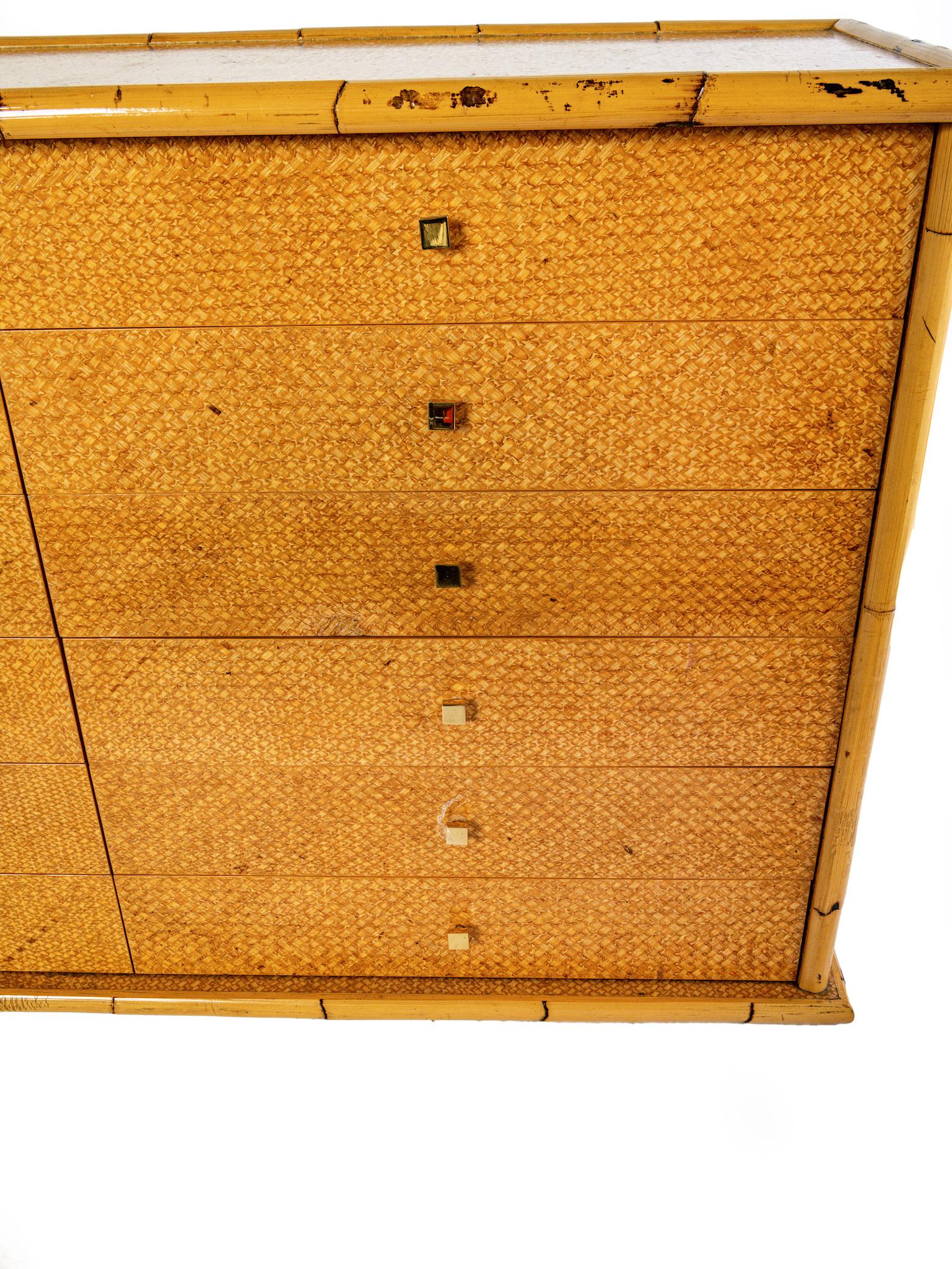 Mid-Century Modern Mid Century Twelve-Drawer Ratan Sideboard with Brass Knob Handles For Sale