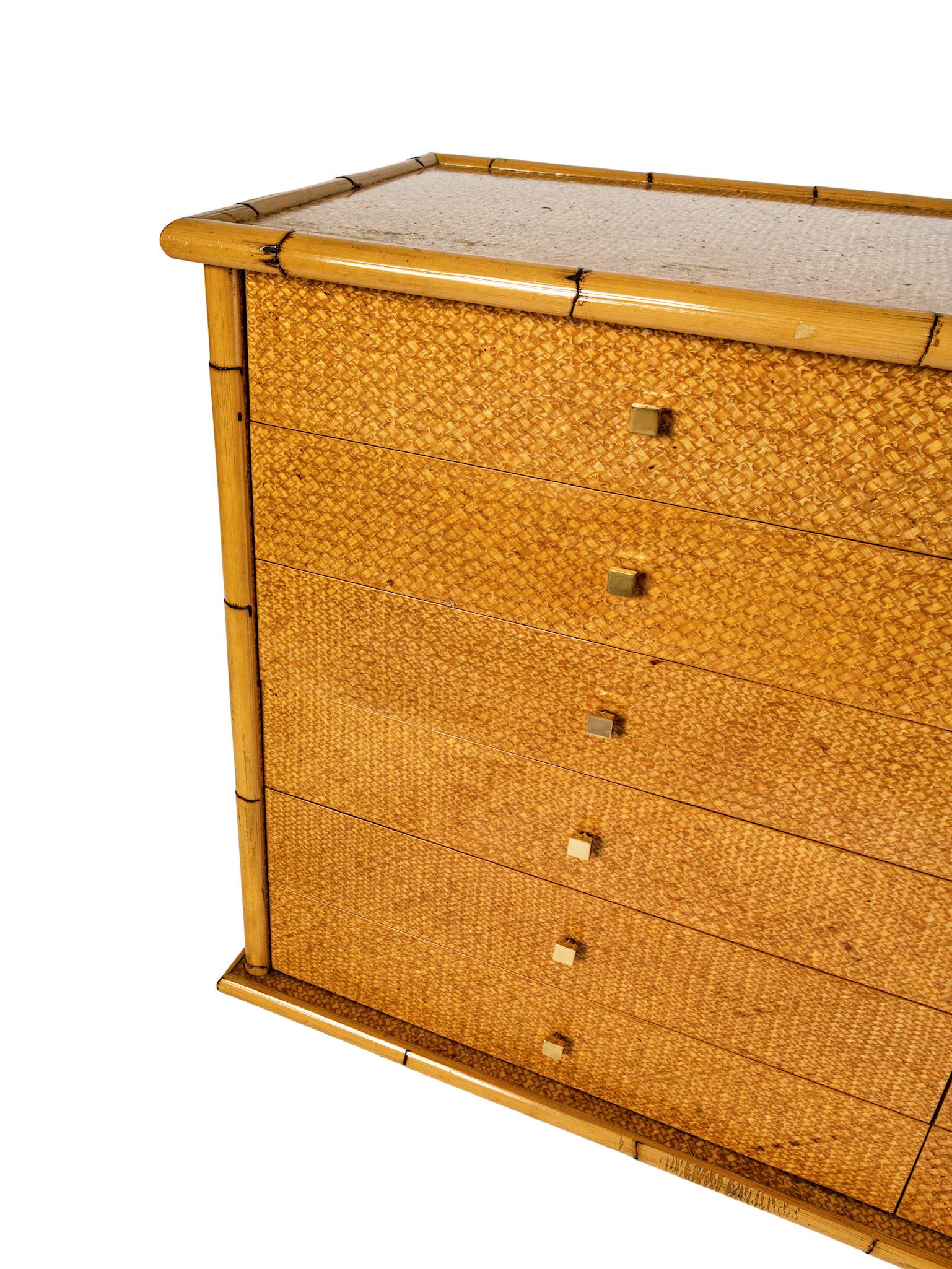 Italian Mid Century Twelve-Drawer Ratan Sideboard with Brass Knob Handles For Sale