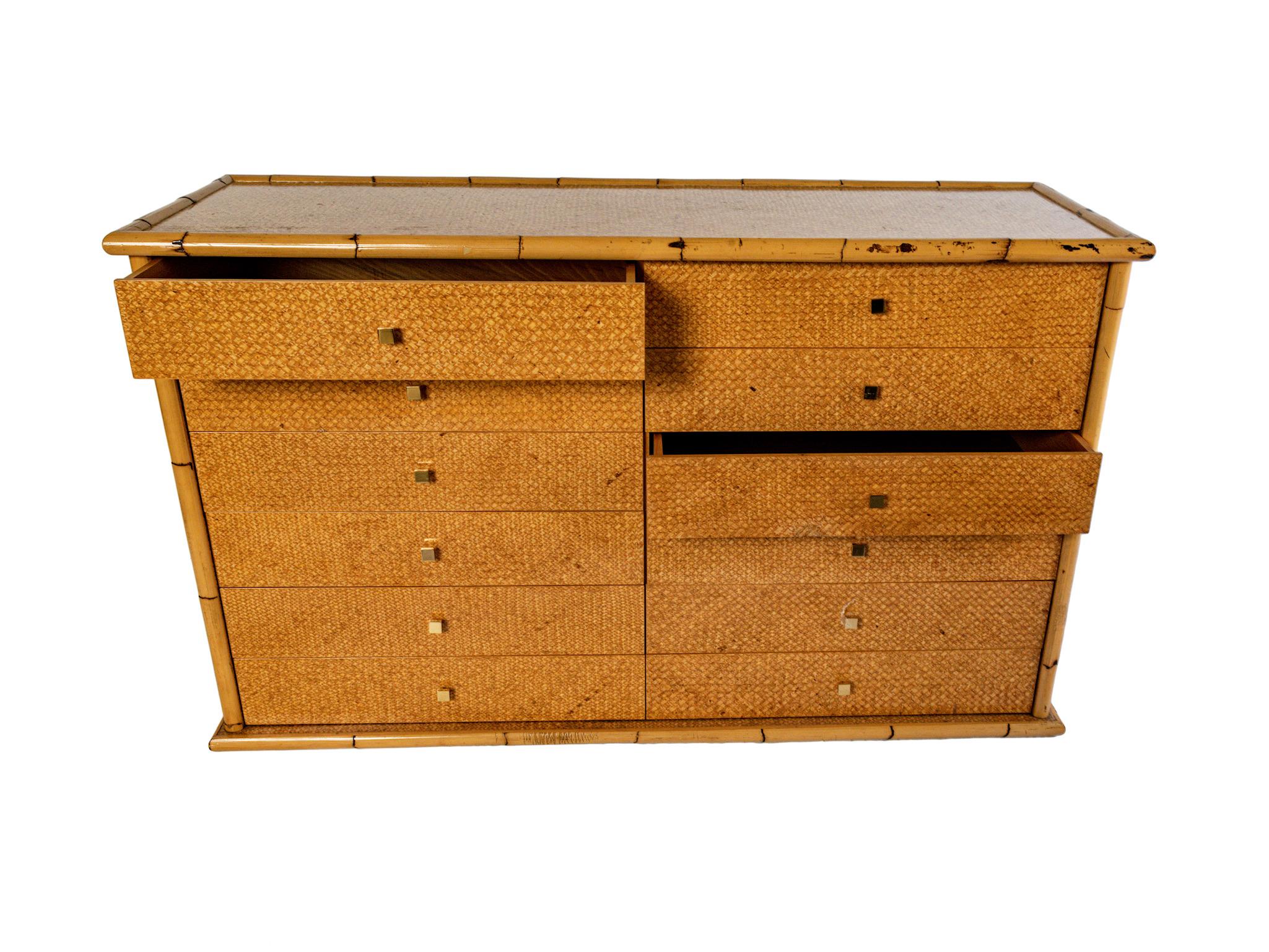 Hand-Crafted Mid Century Twelve-Drawer Ratan Sideboard with Brass Knob Handles For Sale