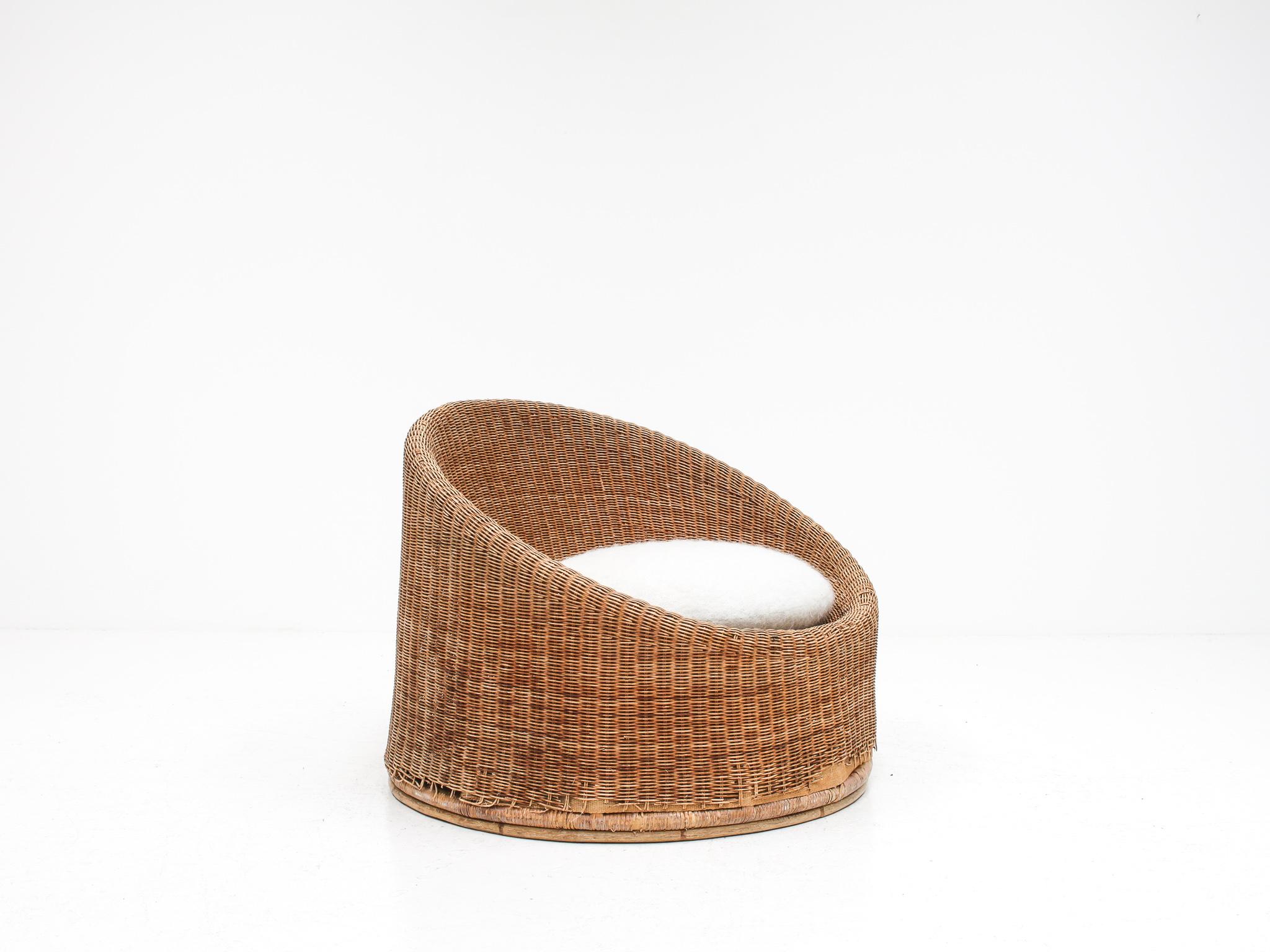 Mid Century Wicker Tub Chair with Pierre Frey Covered Cushion, 1960s 1