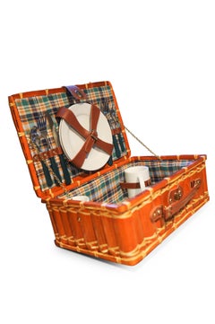Picnic Hamper Wood & Cane A Well Appointed Trunk With Handle Mid Century