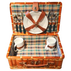 Picnic Hamper Wood & Cane A Well Appointed Trunk With Handle Mid Century