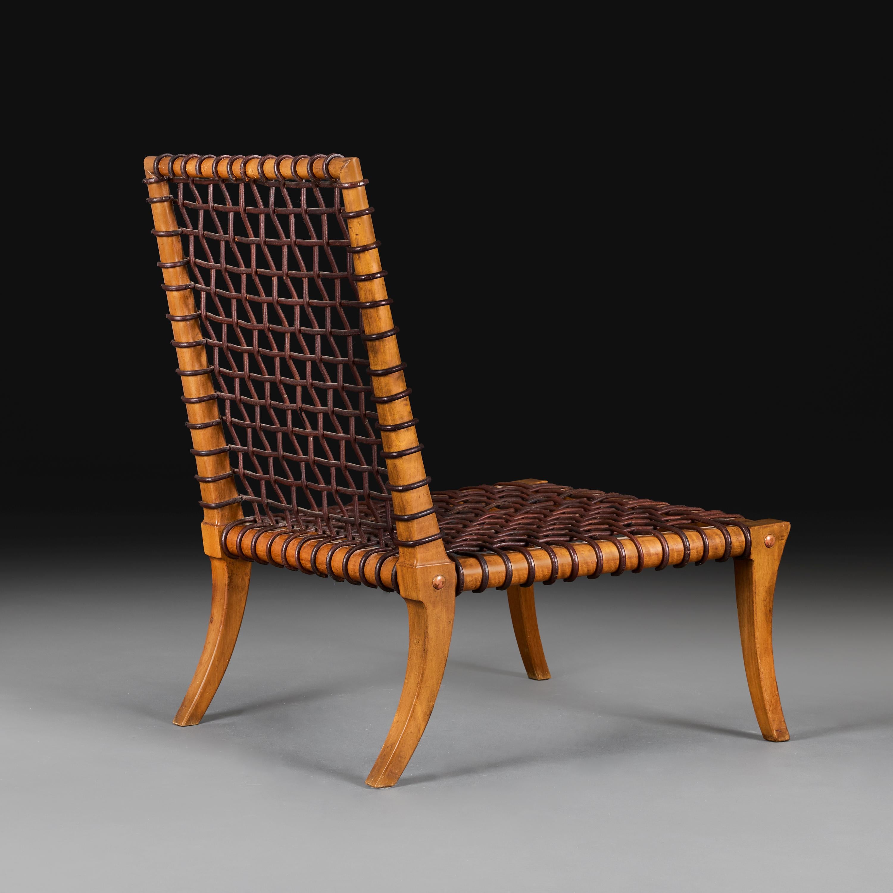Greco Una sedia da salotto in pelle intrecciata di metà secolo di T.H. Robsjohn-Gibbings in vendita