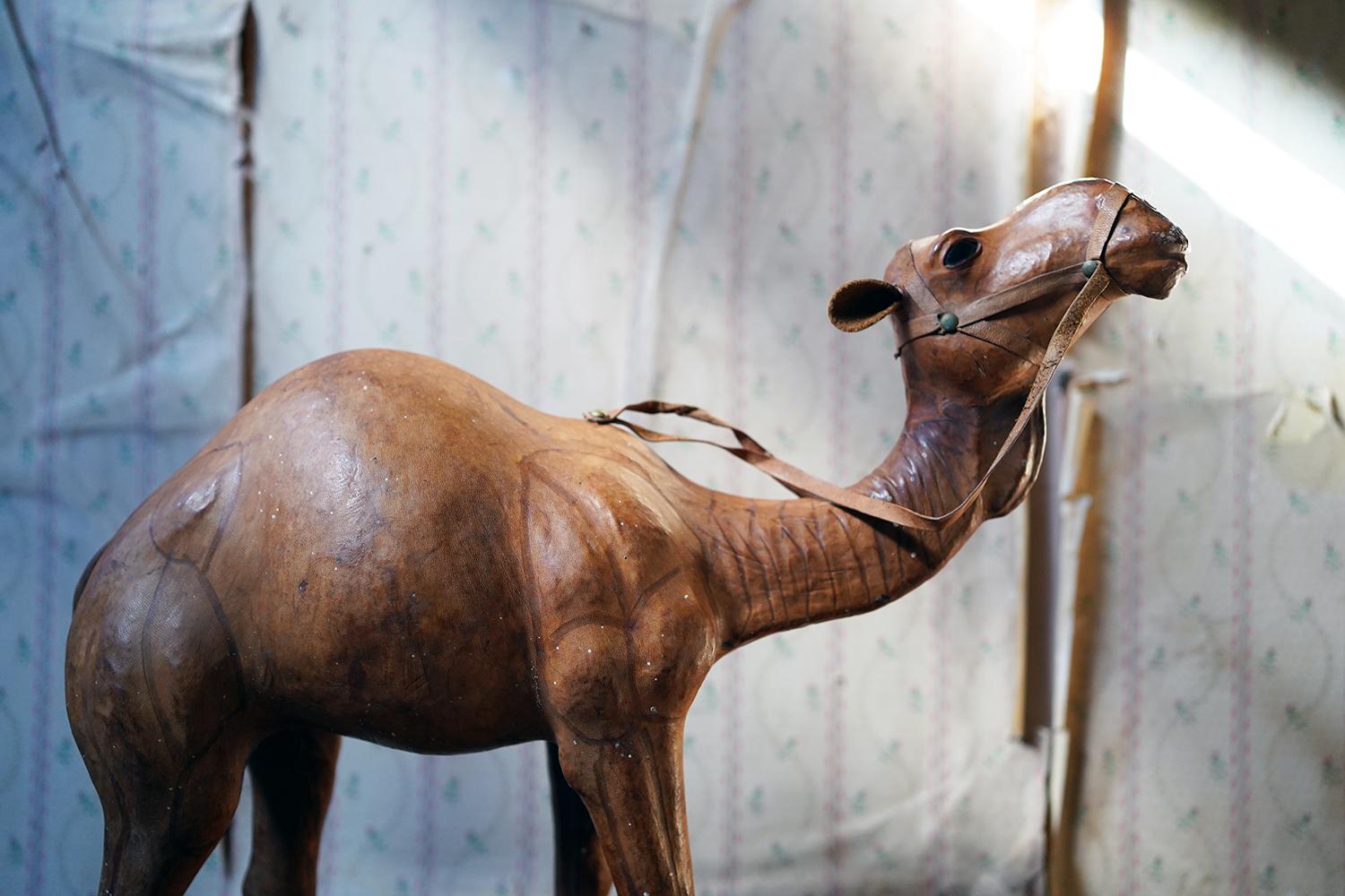 The decorative natural tanned leather model of a camel with harness, realistically modelled and handstitched in the style of earlier Liberty pieces, having dark glass eyes and a nice patina, the whole surviving from the latter half of the twentieth