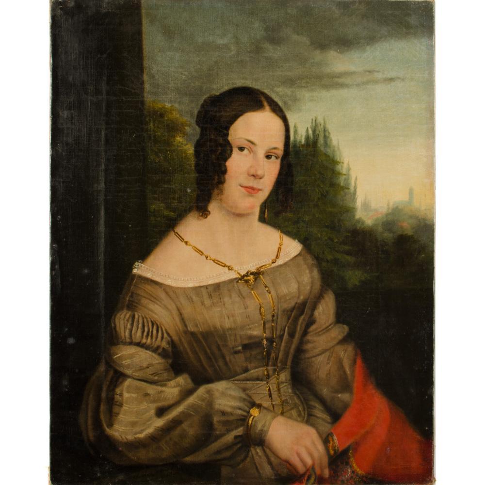 An oil on canvas portrait of a Distinguished Woman, Mid-Nineteenth Century, wearing a silk dress, a suite of gold jewelry including earrings, long necklace and bracelet, and wrapped in a red embroidered shawl, seated within a doorway (or beside an