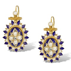 Mid-Victorianische Halbperlen-, Diamant- und blaue Emaille- Suite