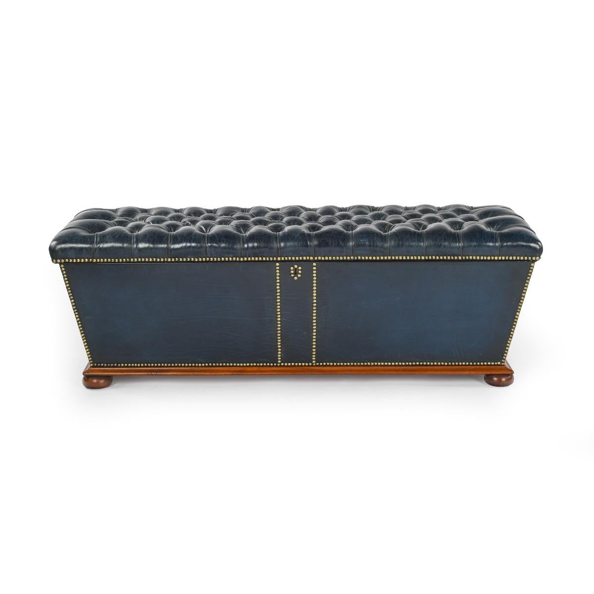 A mid Victorian mahogany framed  ottoman, the sides and deep buttoned lifting seat re-covered in distressed blue leather.
The hinges being stamped HOBBS patent.
The “Hobbs” in Hobbs patent hinges refers to Alfred Charles Hobbs, an American locksmith