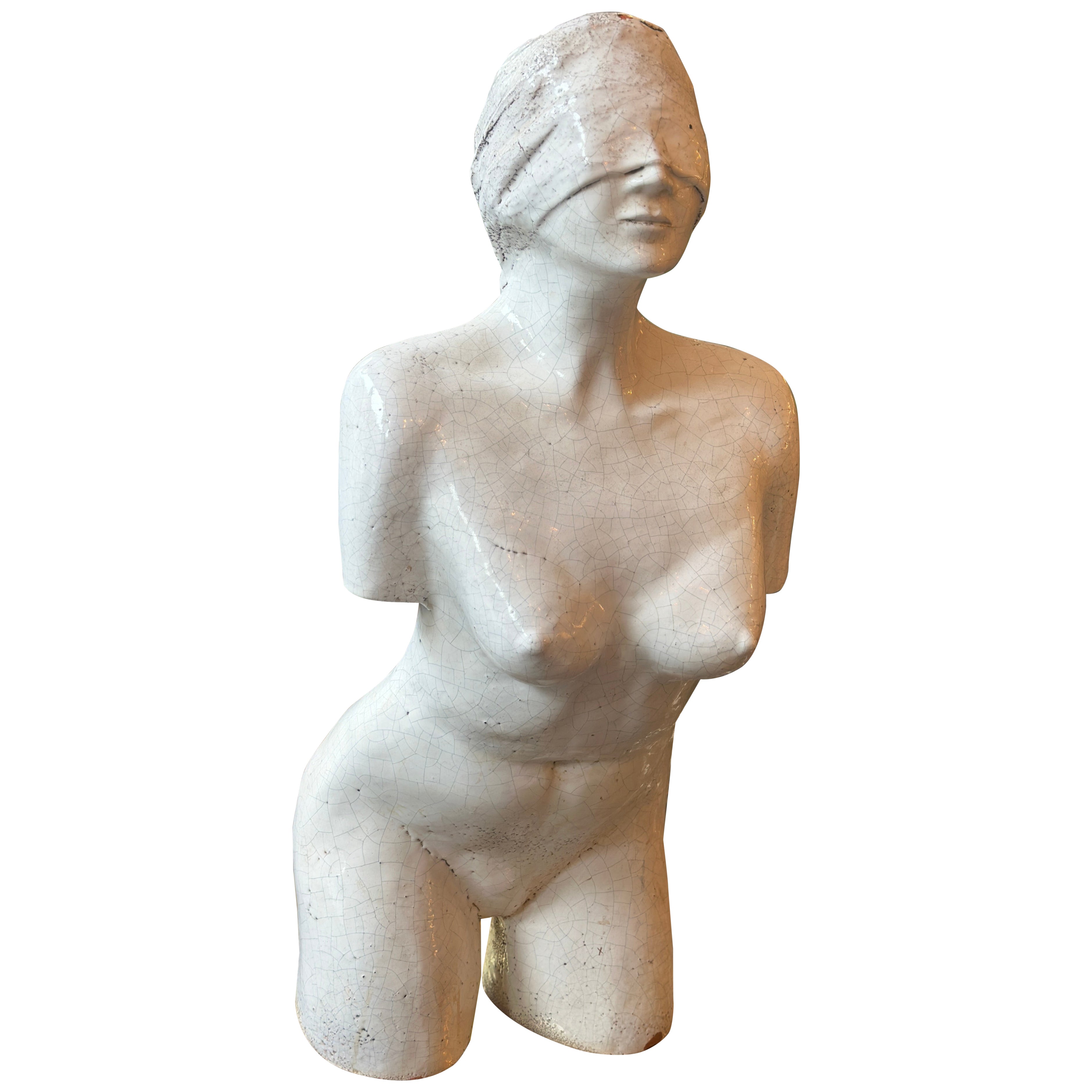 Buste de bondage français en terre cuite émaillée craquelée du milieu du siècle en vente