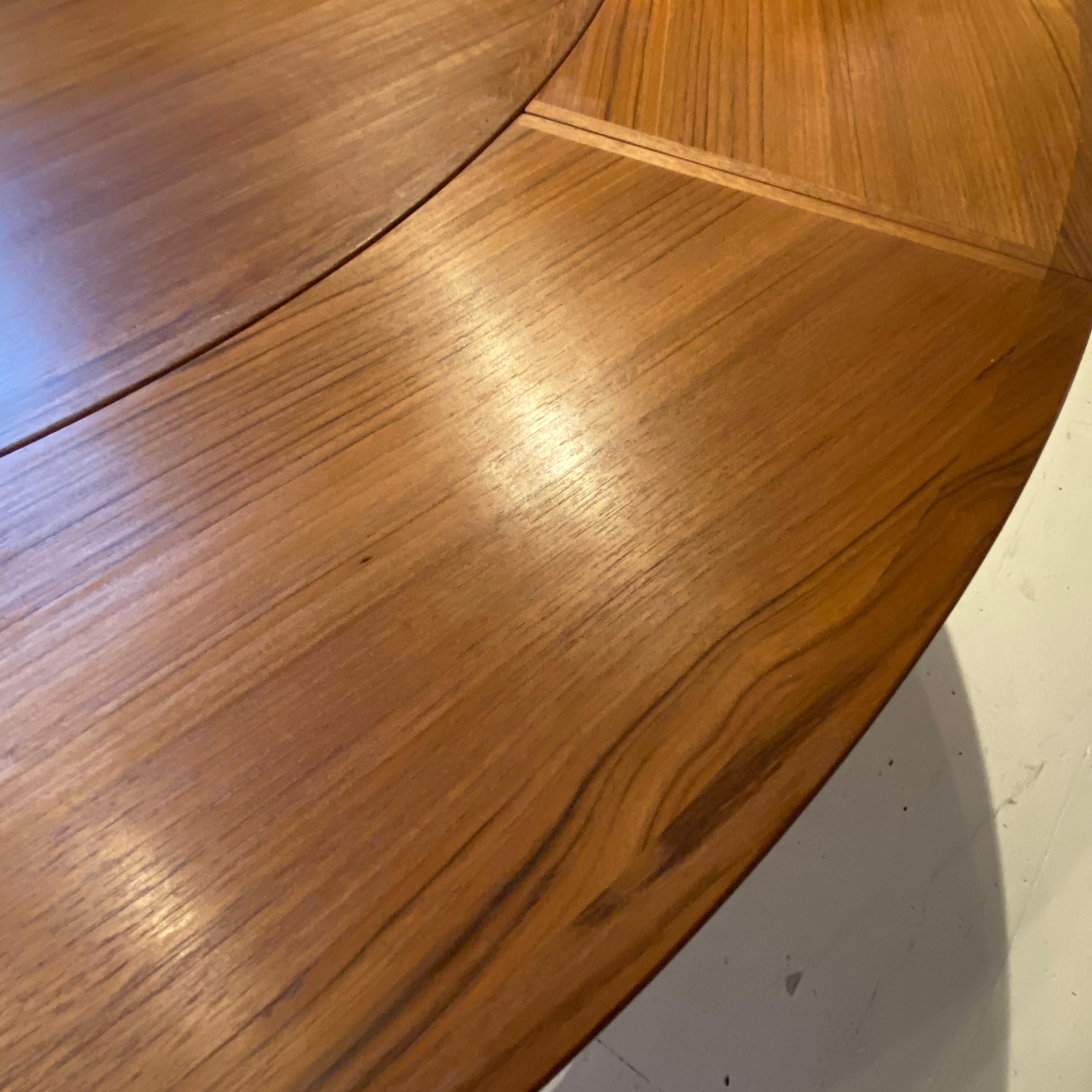 Brass Midcentury Danish Teak Circular Extendable Flip-Flap Dining Table by Dyrlund