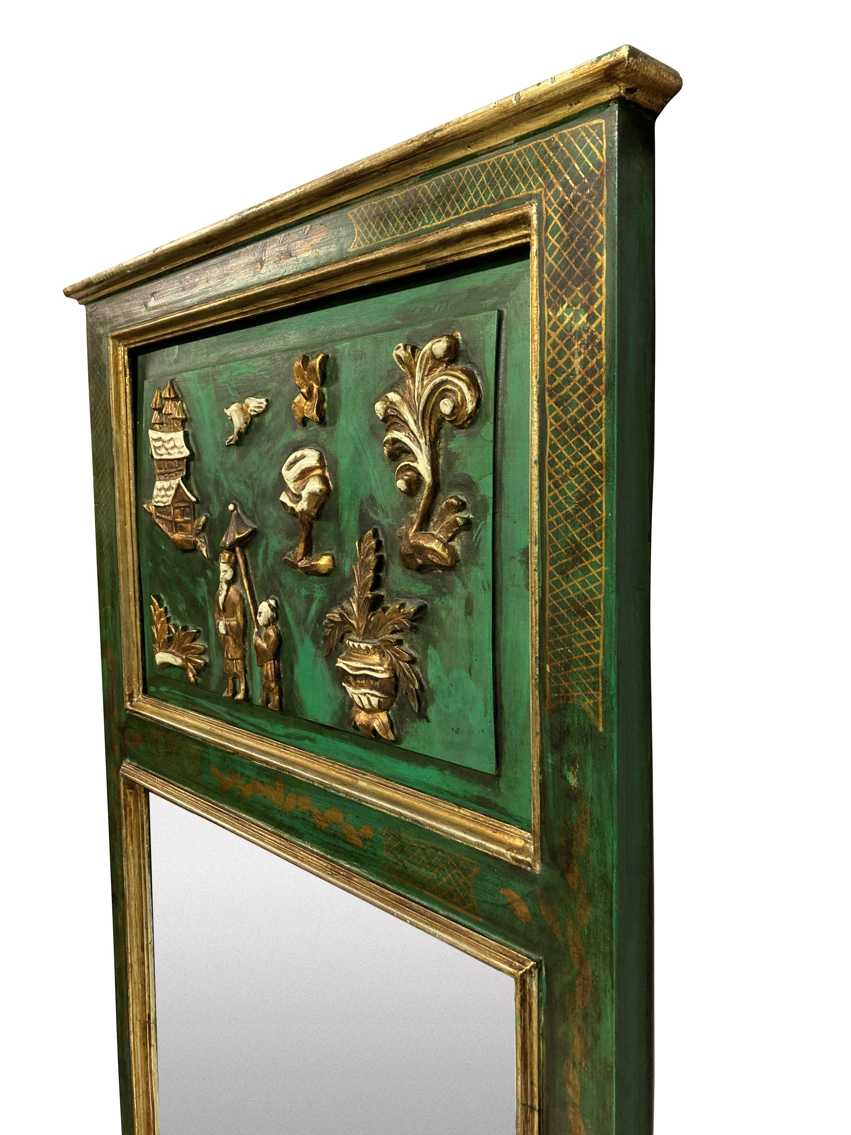 An charming English mid-century emerald green Japanned trumeau mirror, with a naive scene above and mirror plate below.