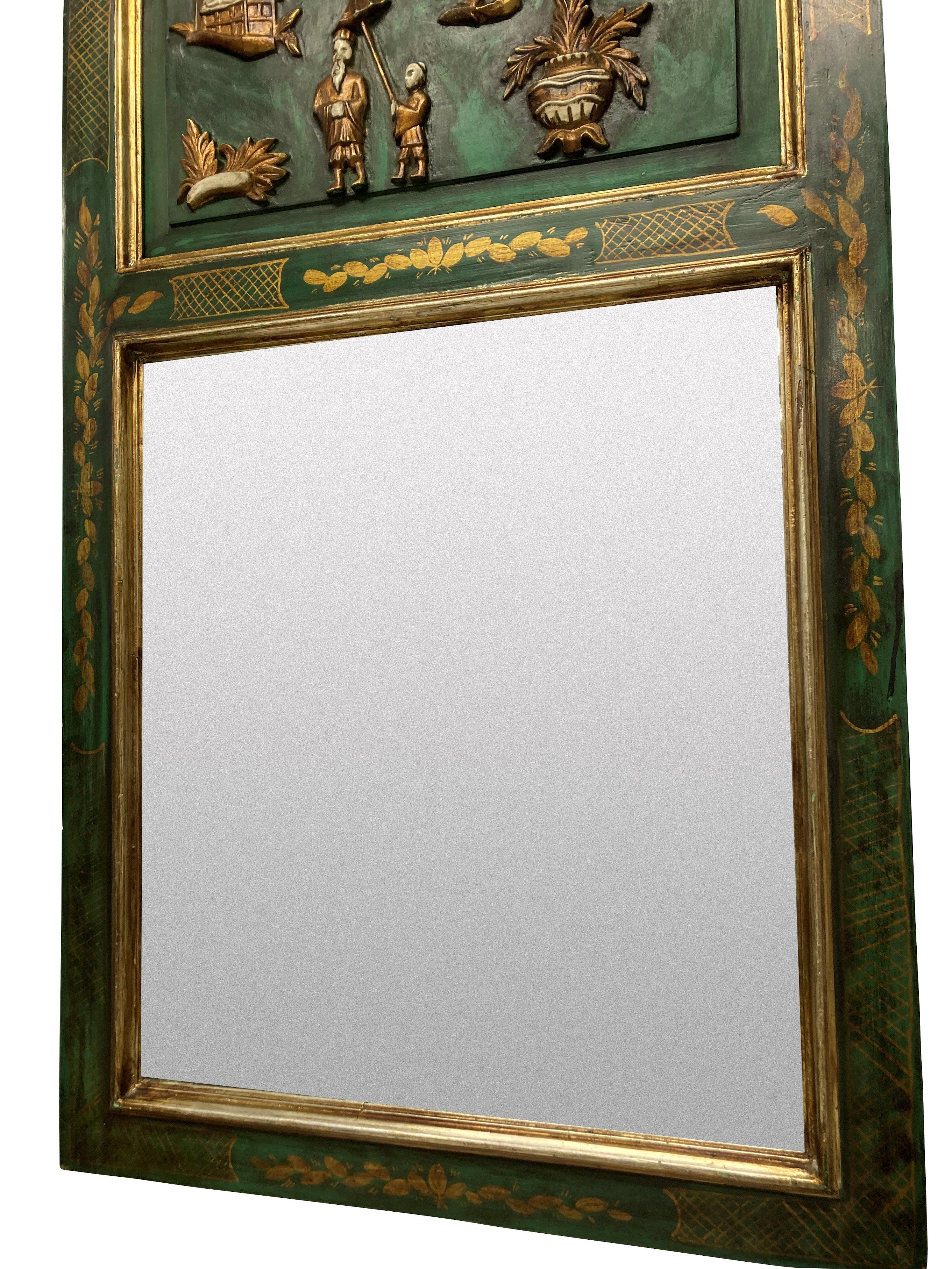Midcentury Emerald Green Japanned Trumeau Mirror In Good Condition For Sale In London, GB