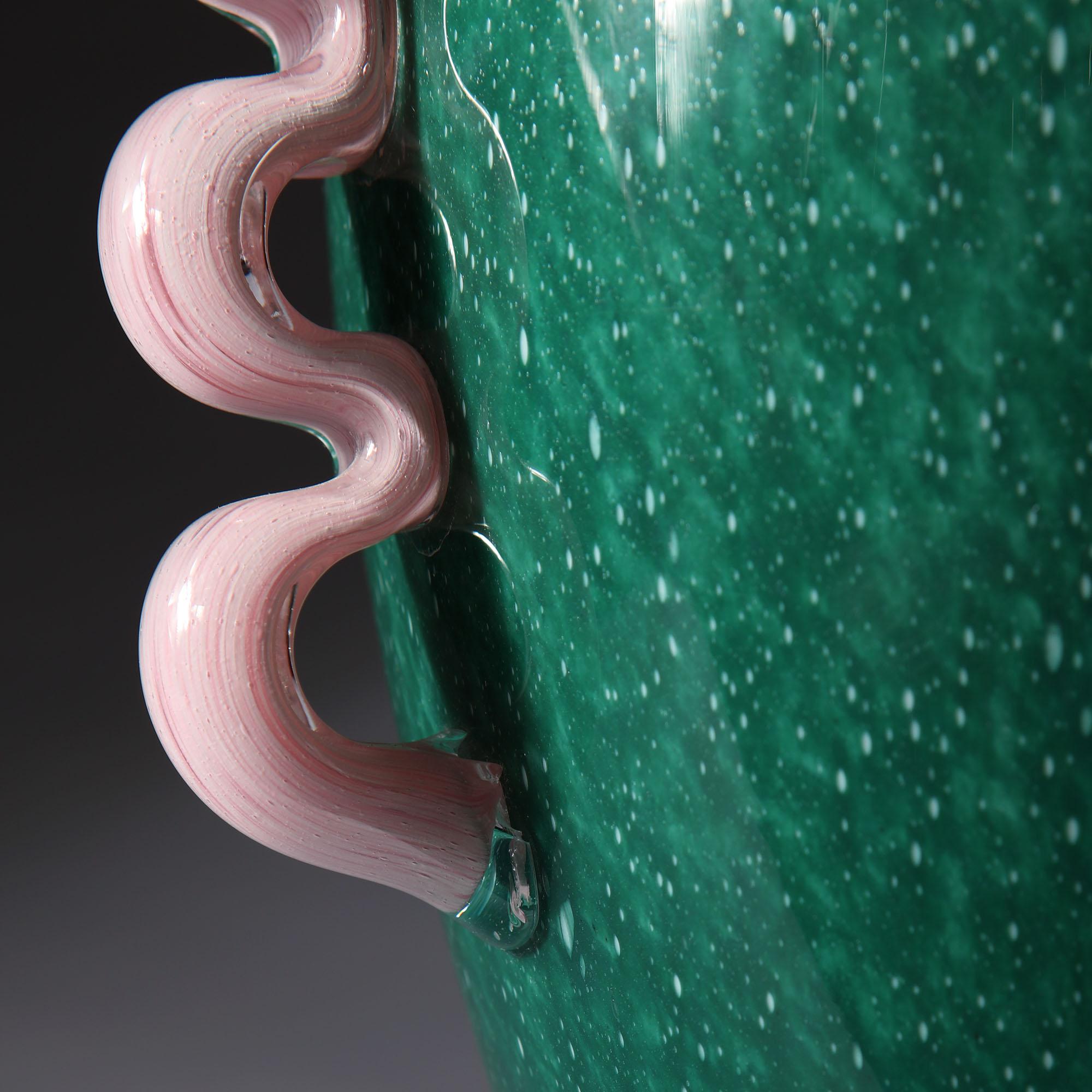 Italian Midcentury Green and Pink Murano Glass Vase after Seguso as a Table Lamp