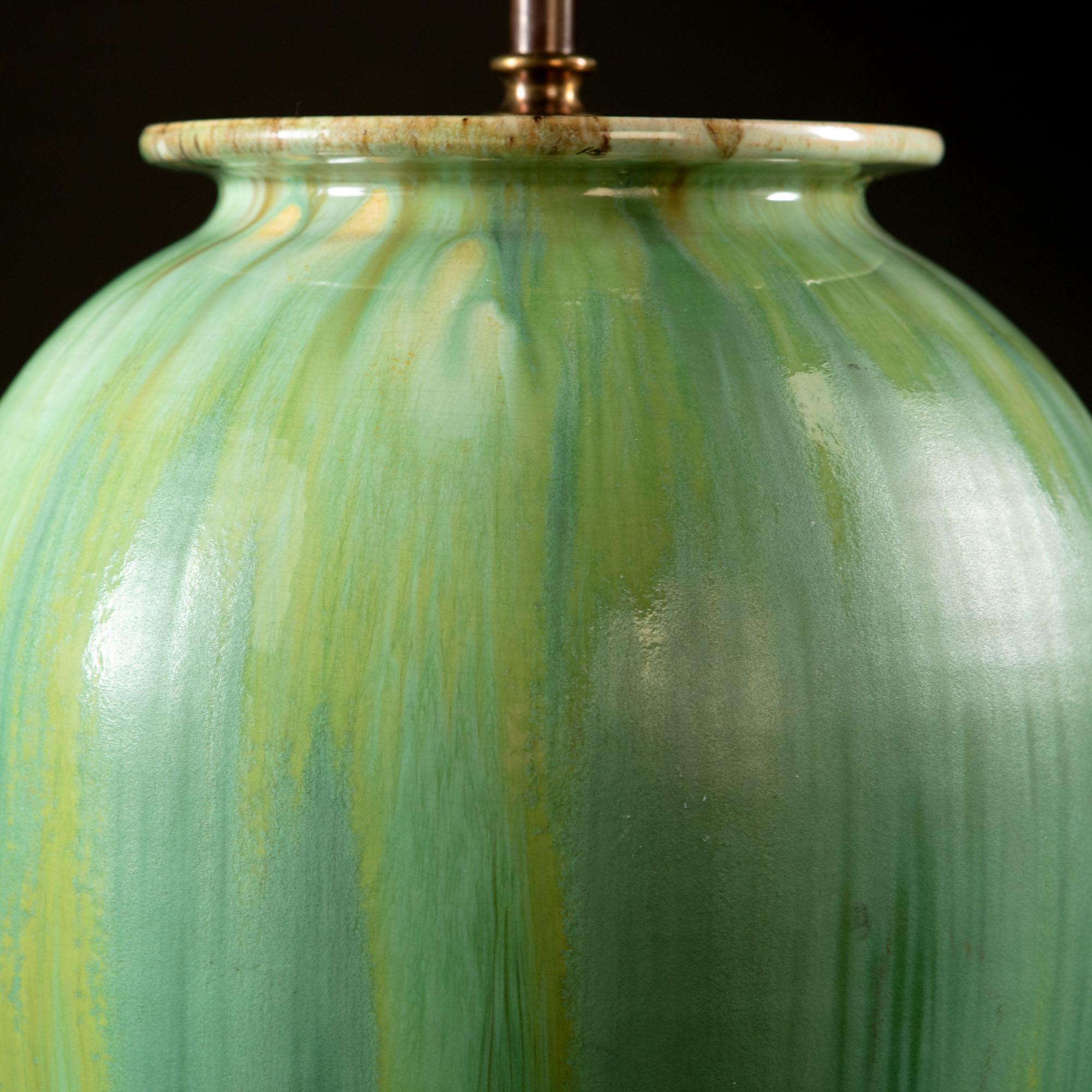 French Midcentury Green Drip Glaze Art Pottery Vase as a Table Lamp