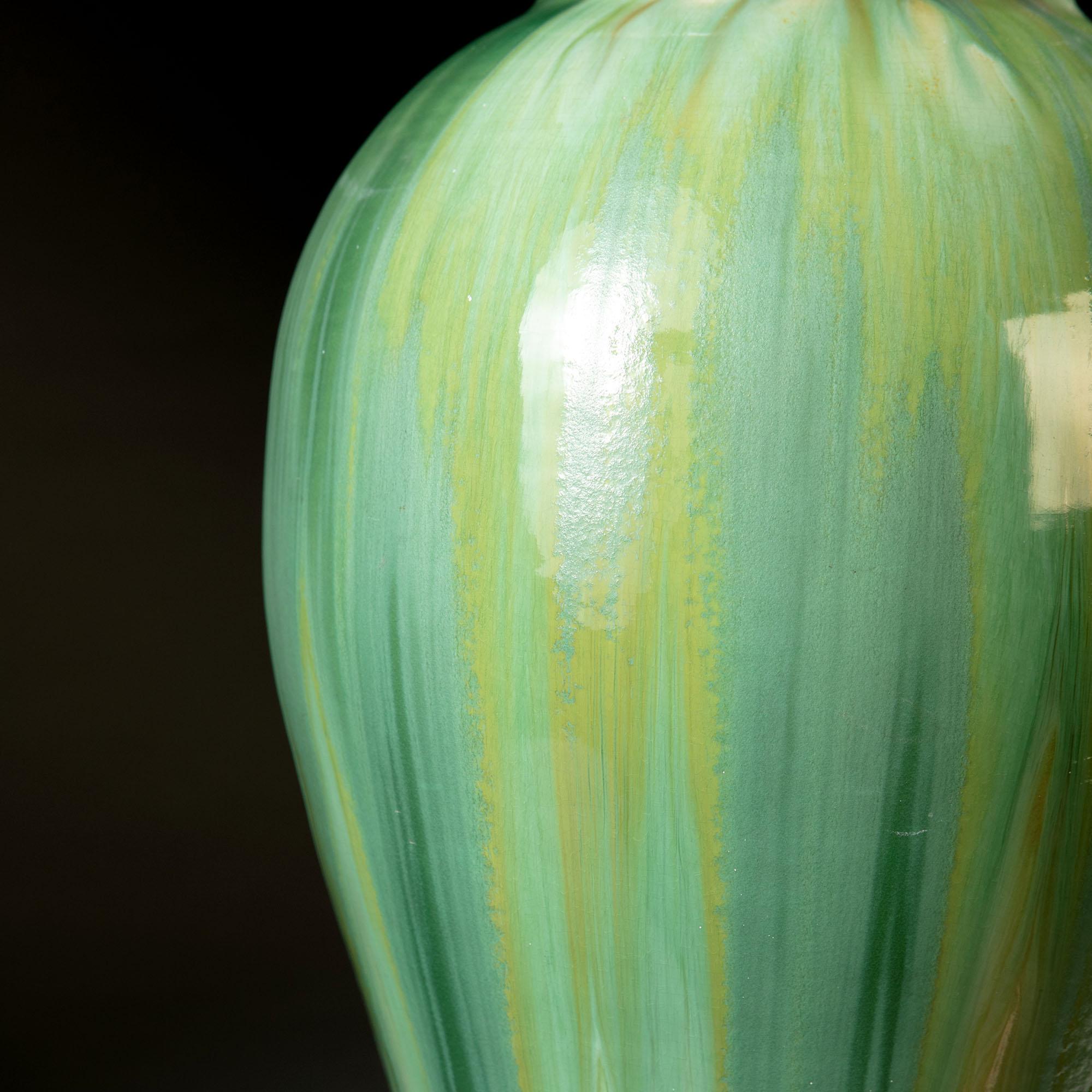 Glazed Midcentury Green Drip Glaze Art Pottery Vase as a Table Lamp