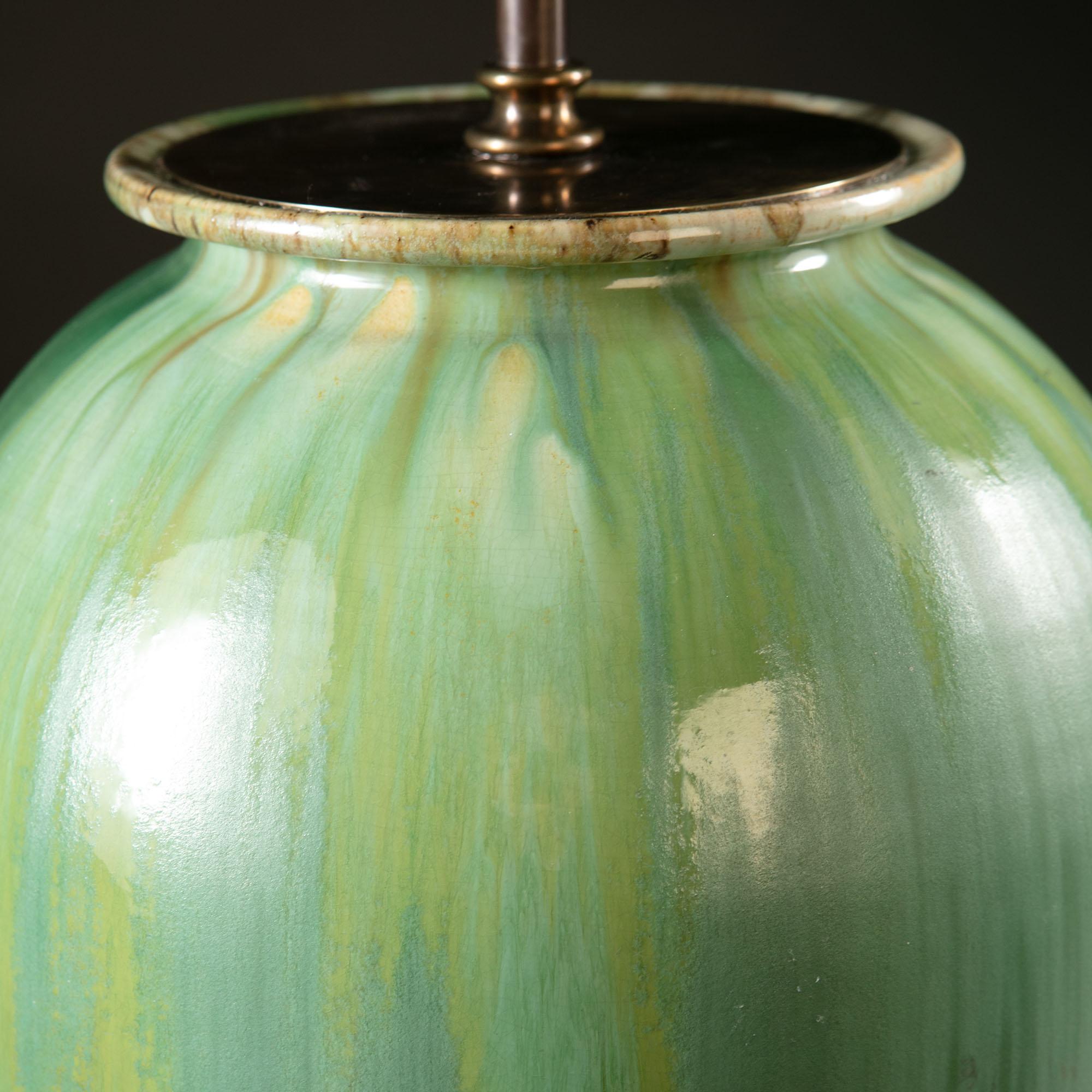 Midcentury Green Drip Glaze Art Pottery Vase as a Table Lamp In Good Condition In London, GB