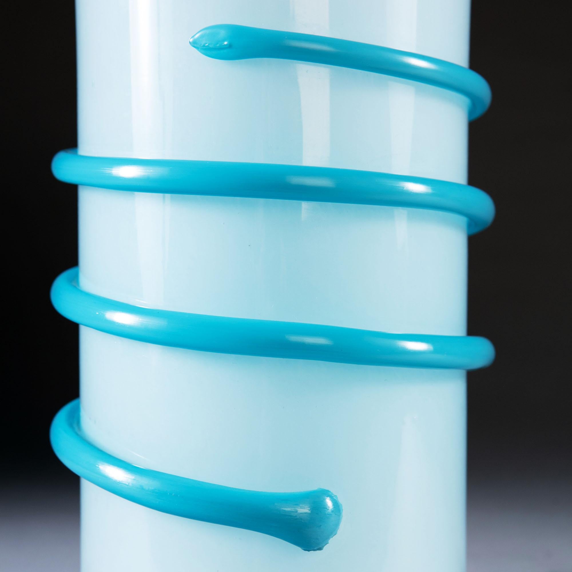 An unusual midcentury Murano glass vase with light blue ground and bright blue glass spiral decoration, now converted as a lamp.

Please note: lampshade not included.

Currently wired for the UK.