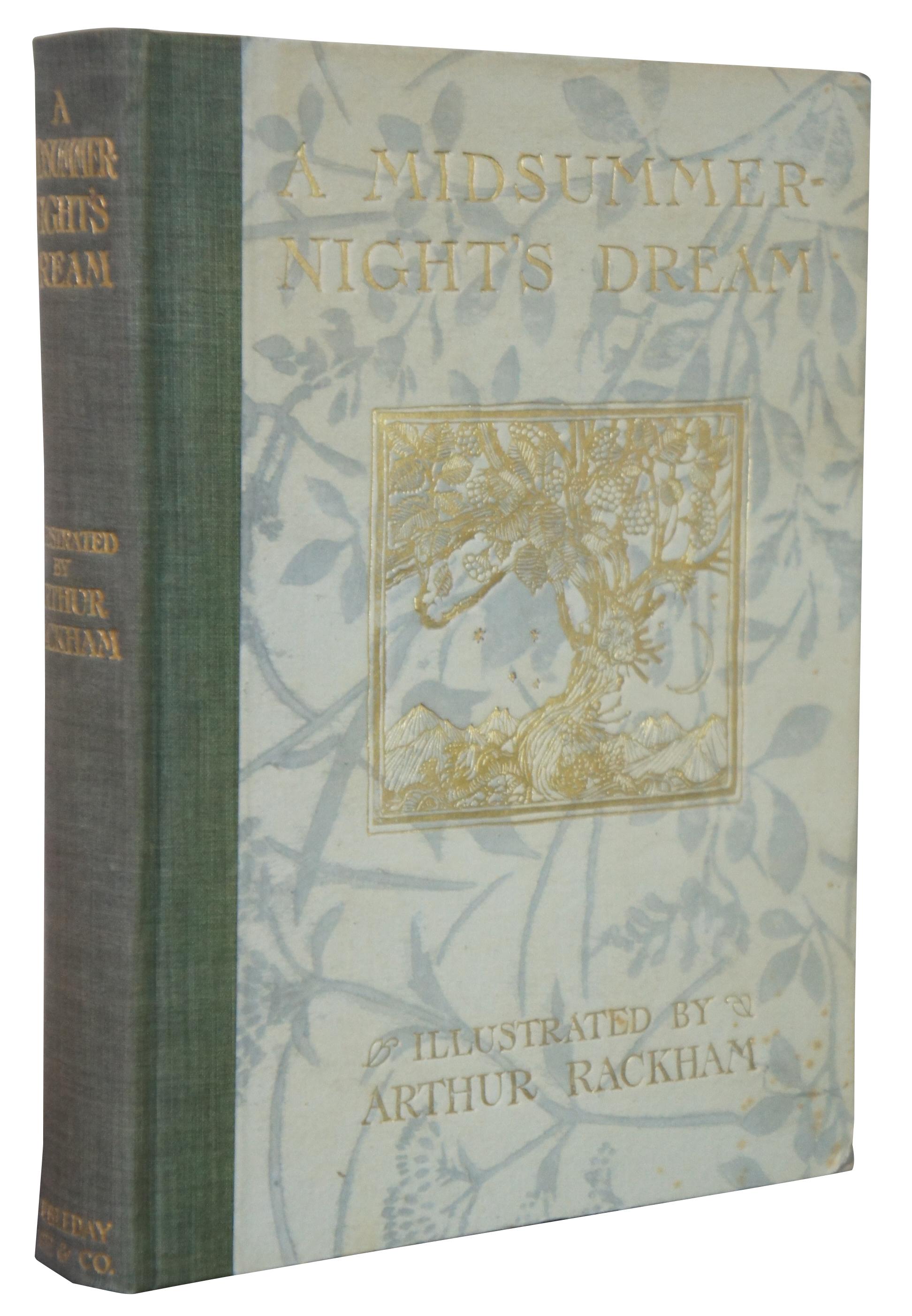 Antique hard cloth cover copy with slipcover box of “A Midsummer-Night’s Dream” by William Shakespeare with illustrations by Arthur Rackham, produced by William Heinemann, London and Doubleday, Page & Co, New York, 1908. First Trade Edition.