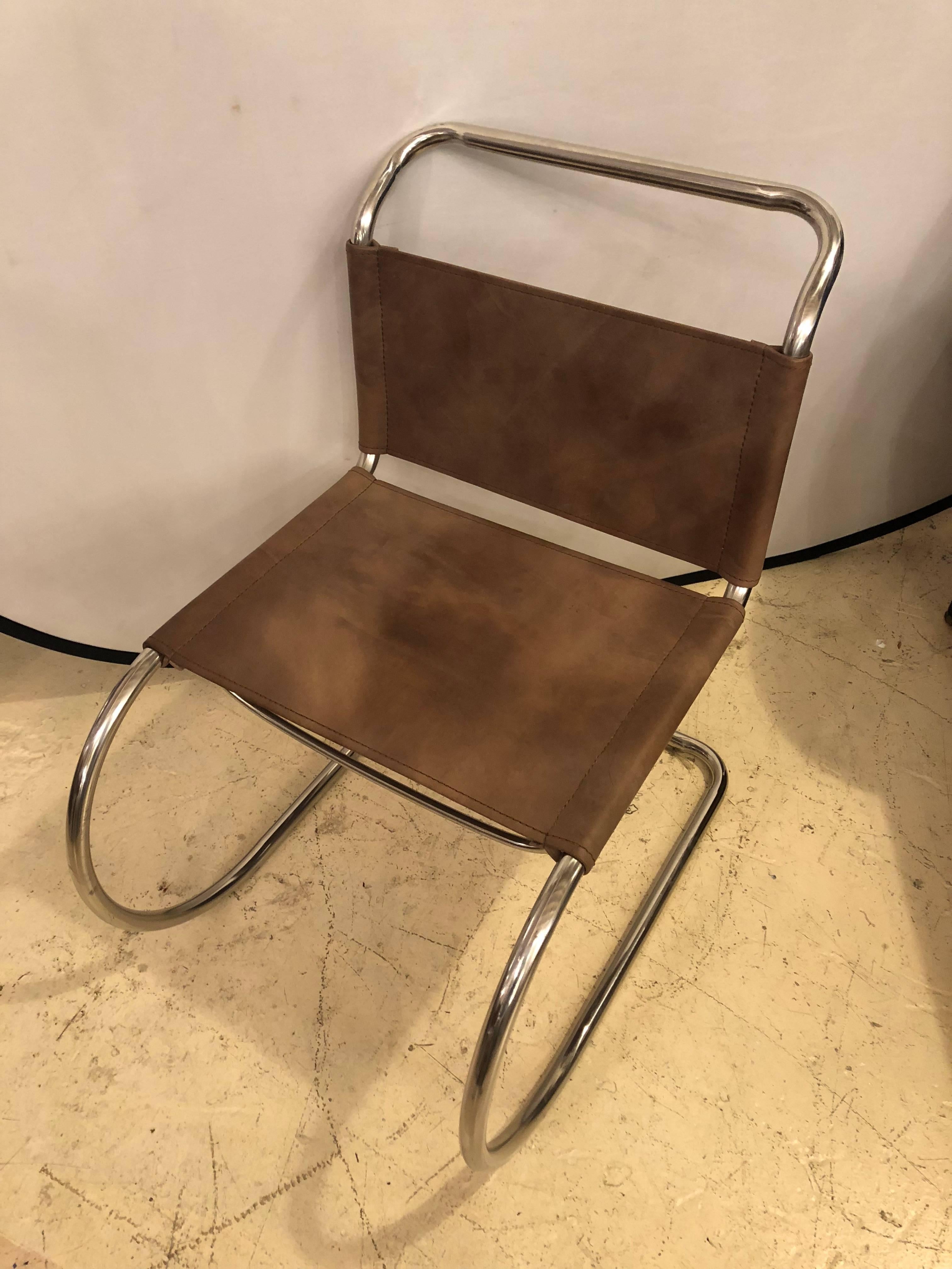 A Mies Van Der Roche for Knoll style tubular side chair. This modern reproduction is of the finest quality.
