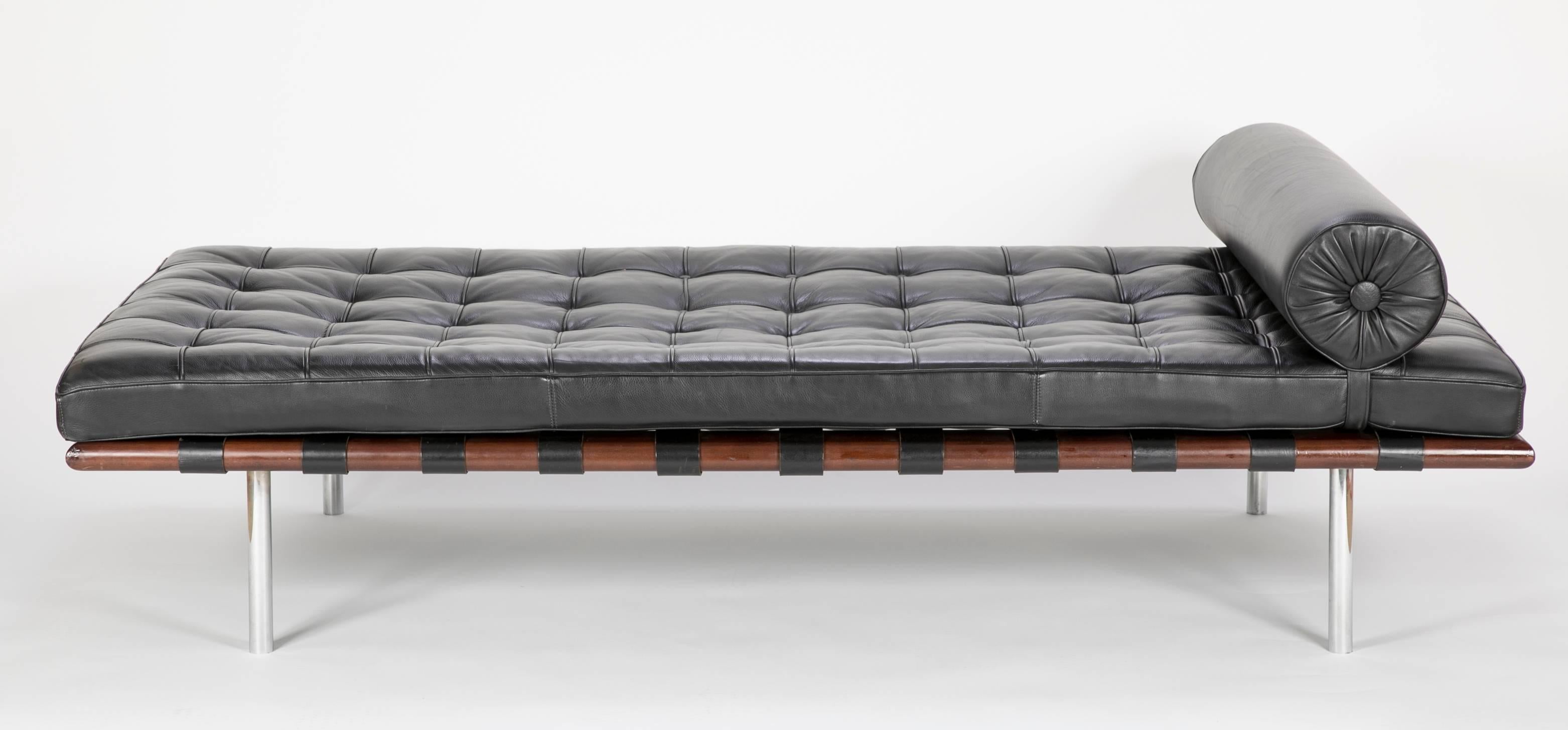 A daybed designed by Mies van der Rohe and produced almost certainly by Knoll. The quality of both the leather and the construction technics and materials all point to this piece being produced by Knoll International. Please note the chrome cross