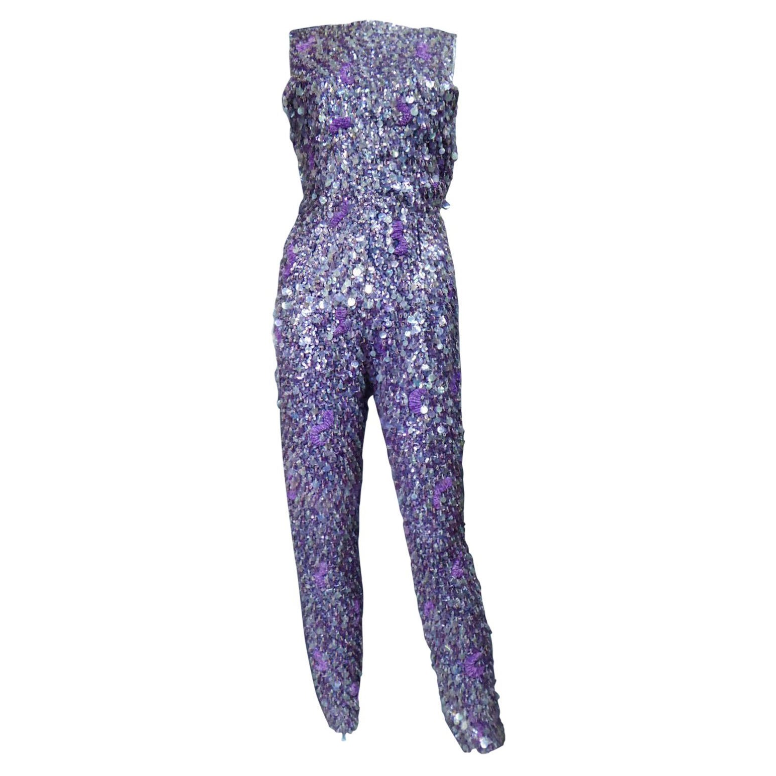 Ein Mila Schön Couture Pailletten bestickter Hosenanzug CIRCA 1968 im Angebot