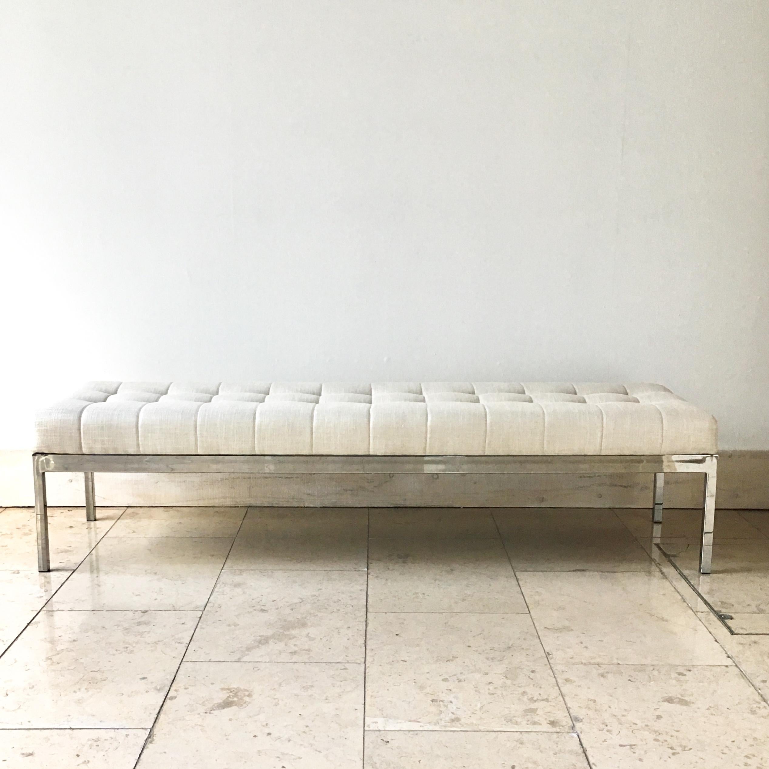 A Milo Baughman attributed nickel framed glazed linen upholstered bench with buttoned seat 1970s

Frame has some age marking due to internal oxidation 

Milo Baughman Design Inc was established in 1947. In 1948 he helped create the California