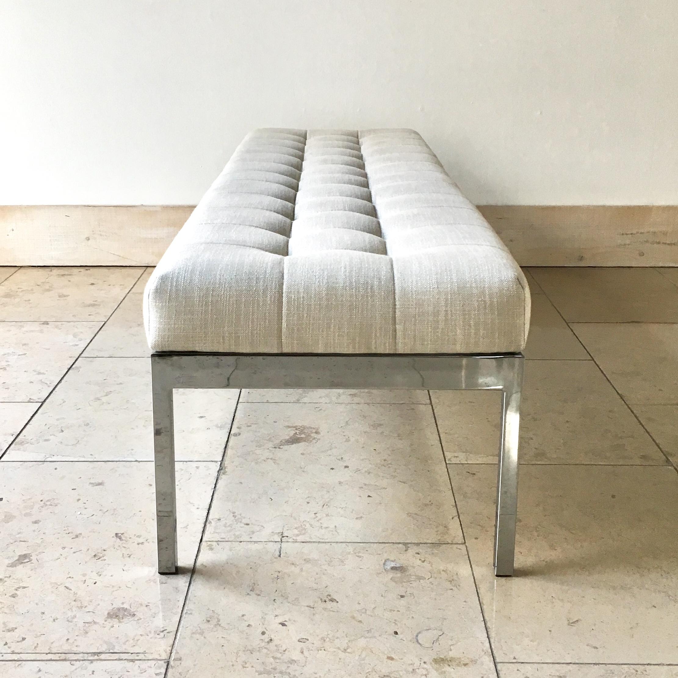 Milo Baughman Attributed Nickel and Linen Upholstered Bench For Sale 1