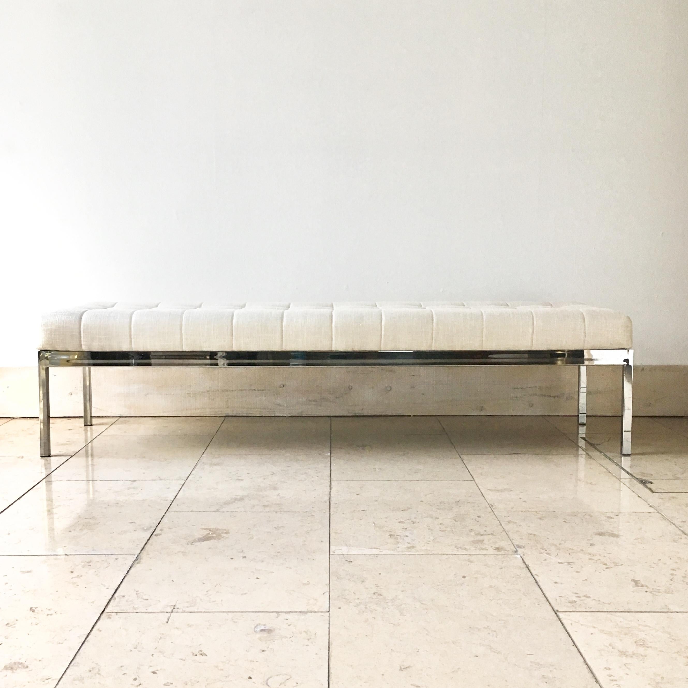 Milo Baughman Attributed Nickel and Linen Upholstered Bench For Sale 3