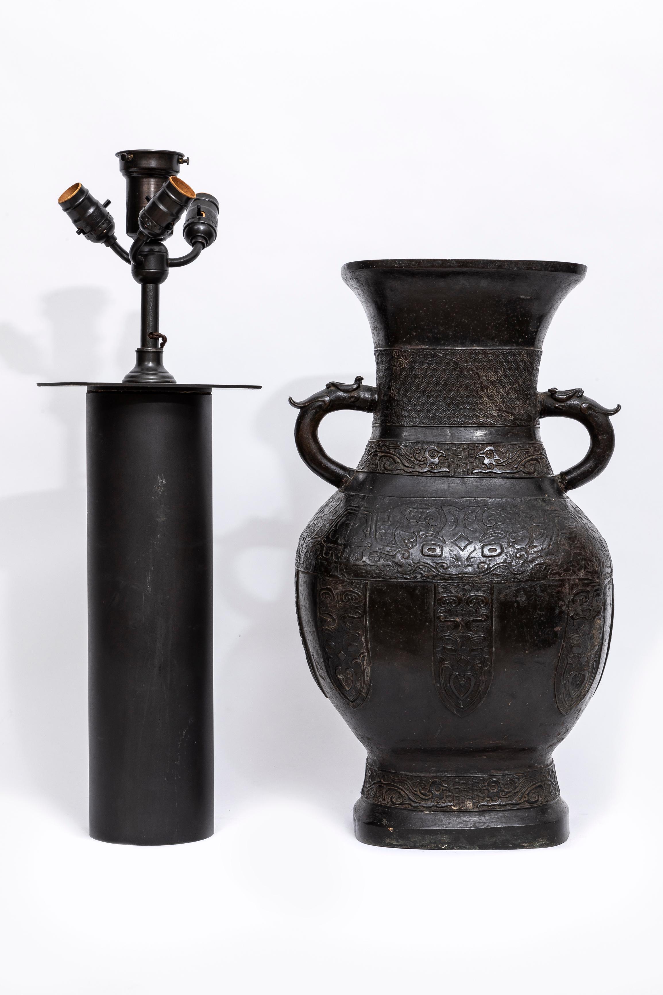 A Ming Dynasty Patinated Bronze Relief Work Vase Turned to a Lamp For Sale 3
