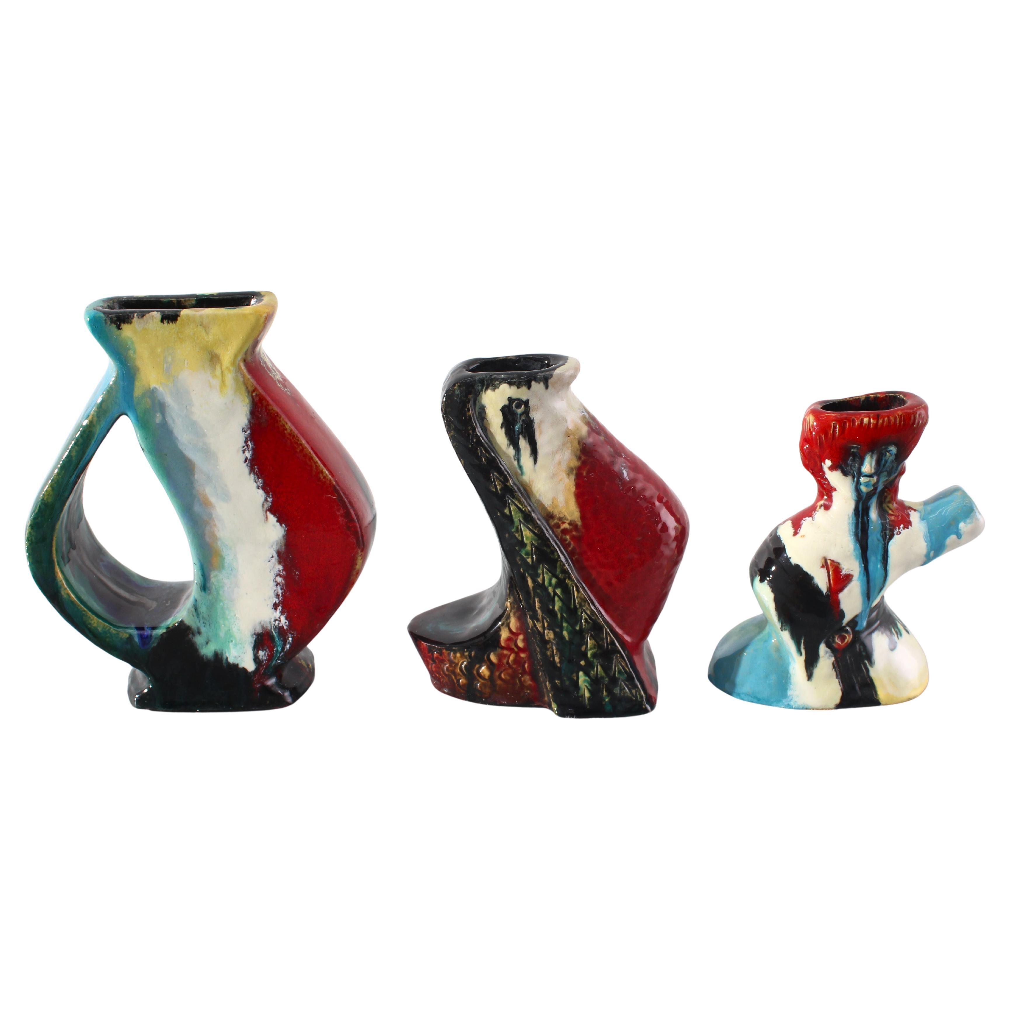 A. Minghetti Set of 3 Hand-Glazed Polychrome Ceramic Vases-Sculpture 1950s Italy For Sale