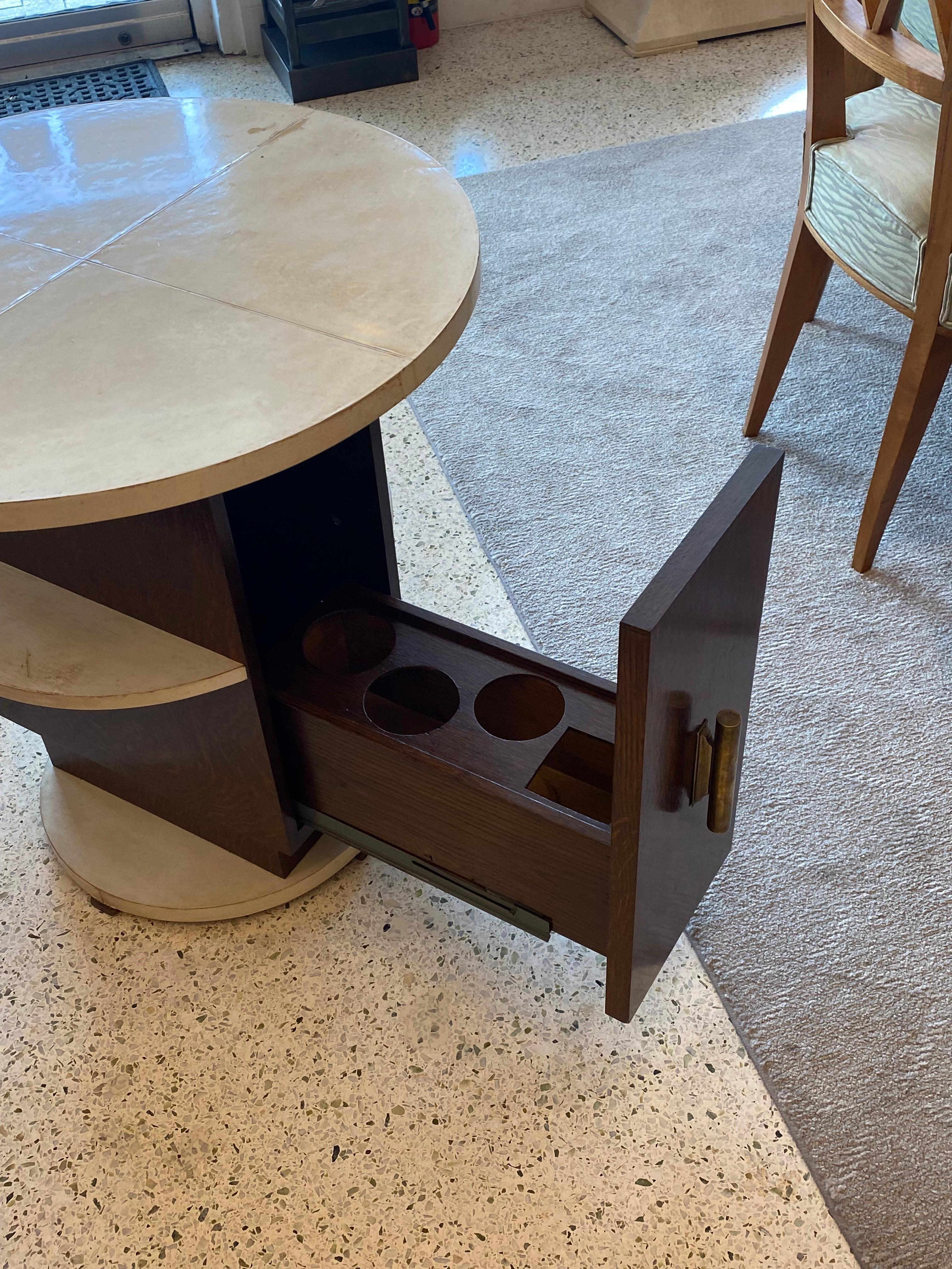 French Art Deco Mini Bar Side Table in Wood and Goat Skin Top For Sale
