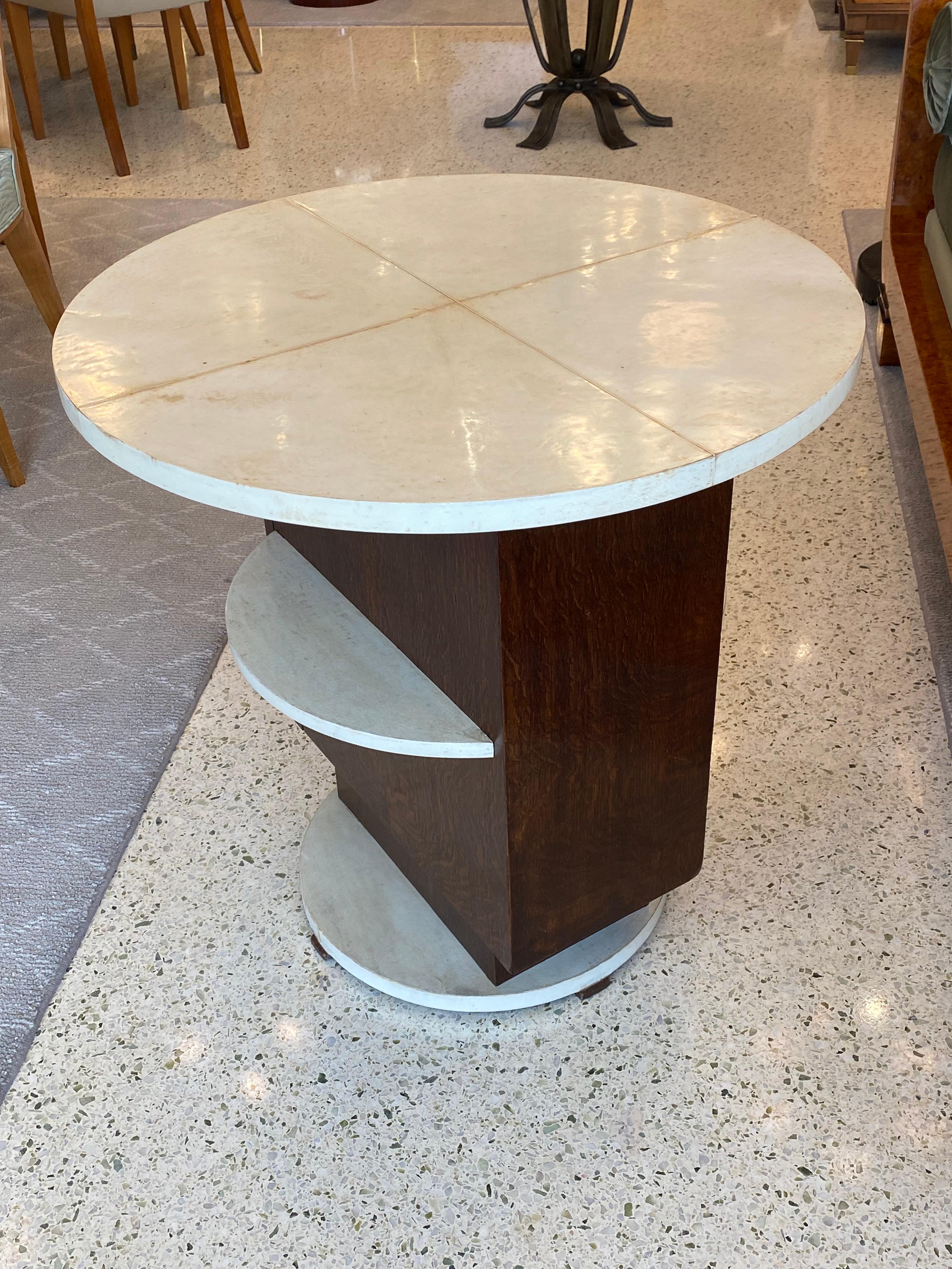 20th Century Art Deco Mini Bar Side Table in Wood and Goat Skin Top For Sale