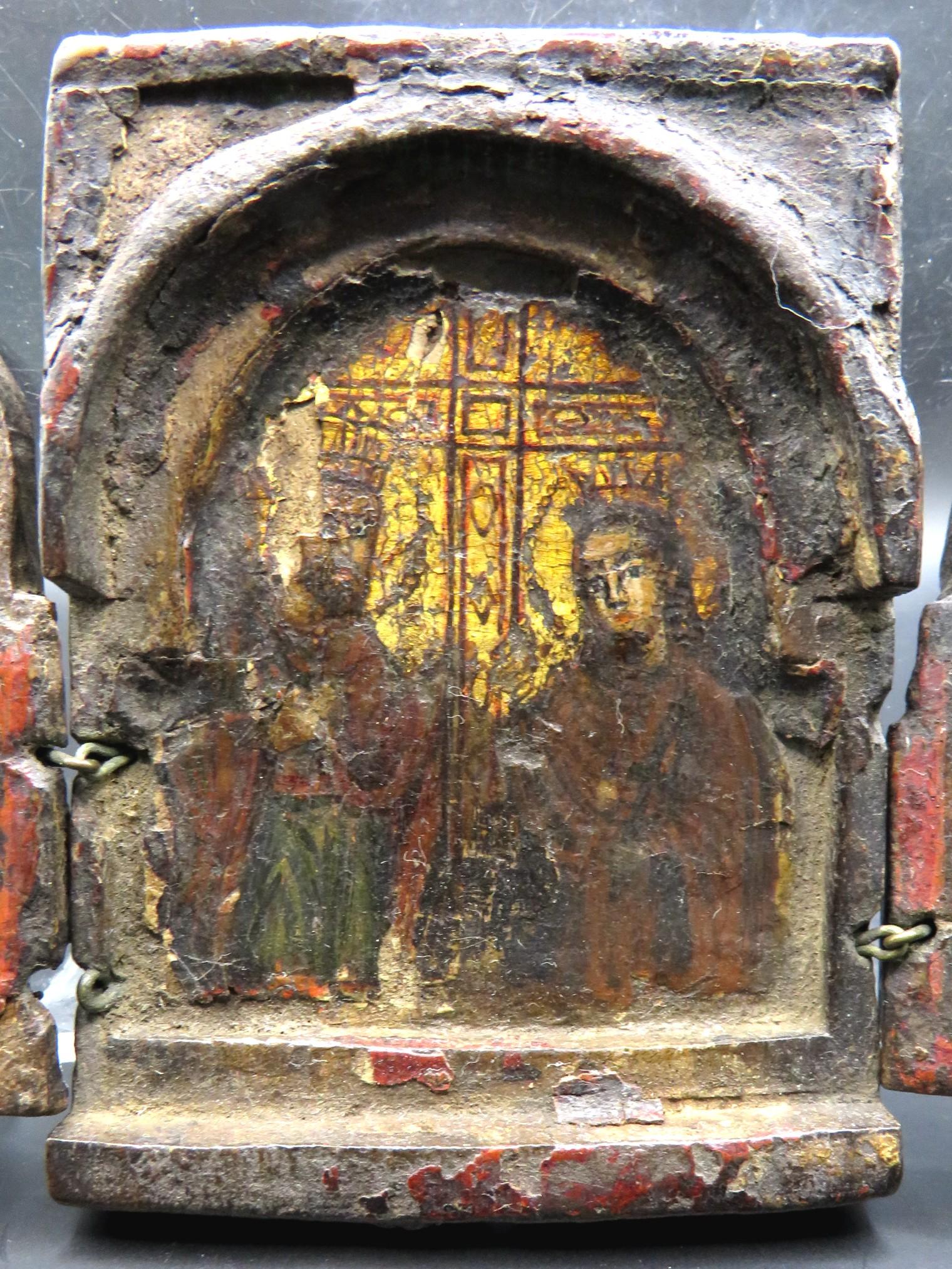 Hand-Carved A Miniature 17th Century Greek Icon Triptych of St. Constantine & St. Helen  For Sale