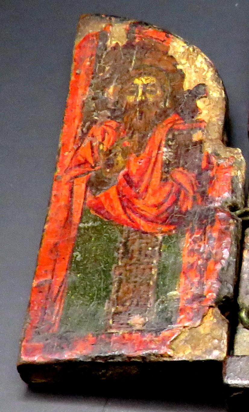 Ein griechisches Miniatur-Ikonentriptychon des 17. Jahrhunderts mit den Heiligen Konstantin und Helena  (Handgeschnitzt) im Angebot