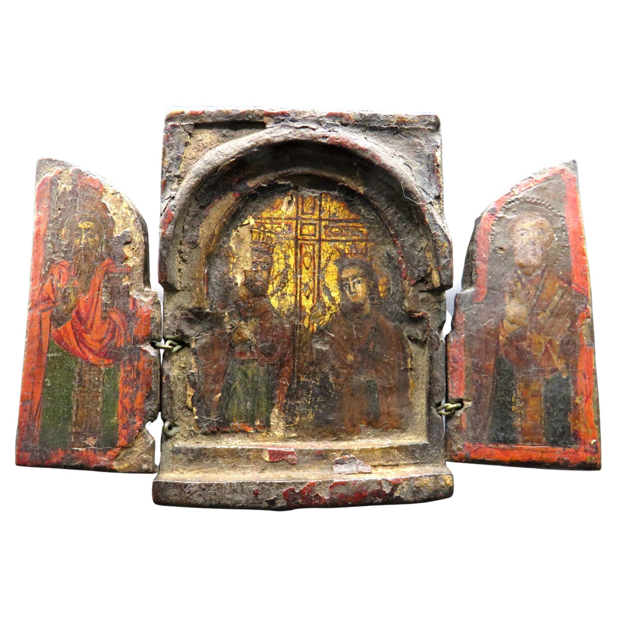 A Miniature 17th Century Greek Icon Triptych of St. Constantine & St. Helen  For Sale