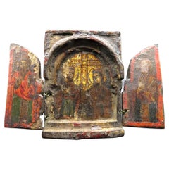 Antique A Miniature 17th Century Greek Icon Triptych of St. Constantine & St. Helen 