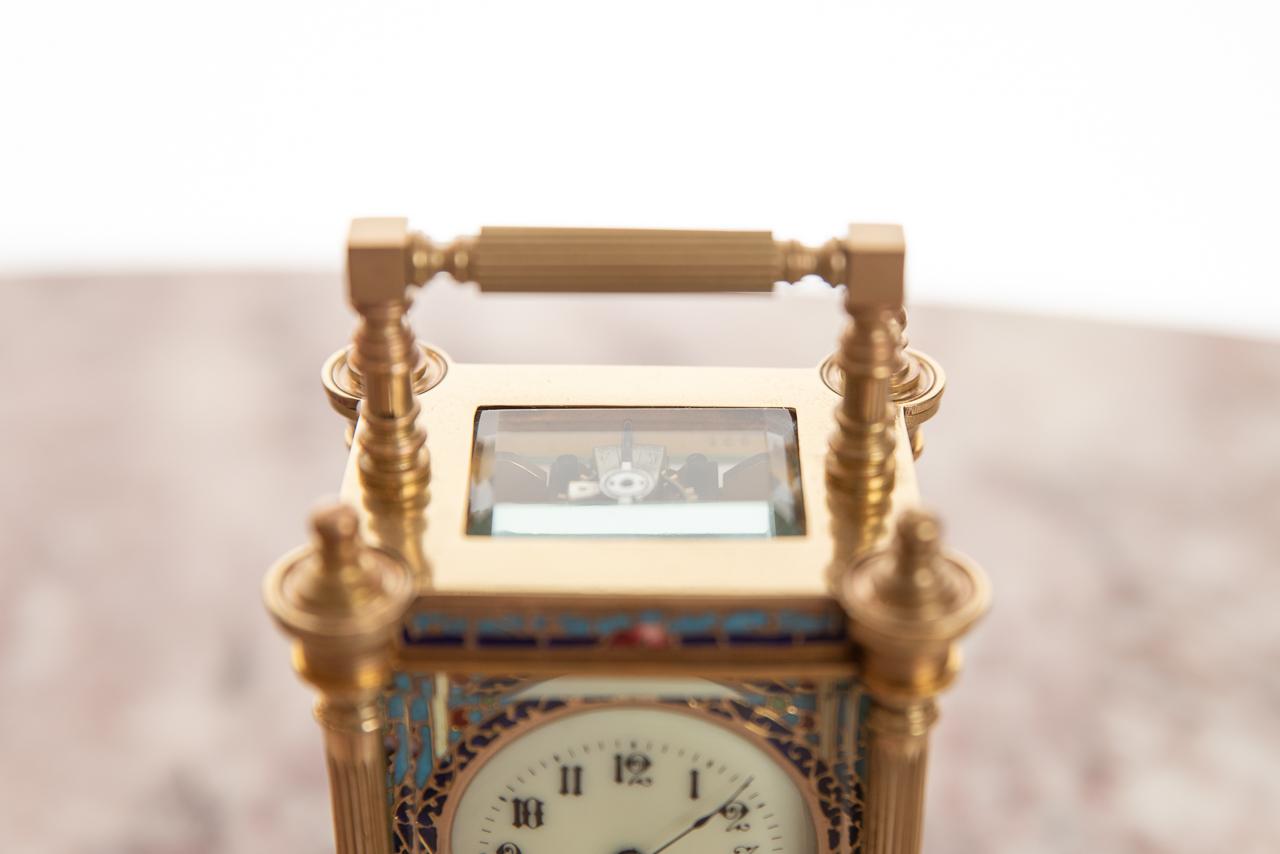 Champlevé Miniature Fine French 8 Day Timepiece Brass Cased Carriage Clock For Sale