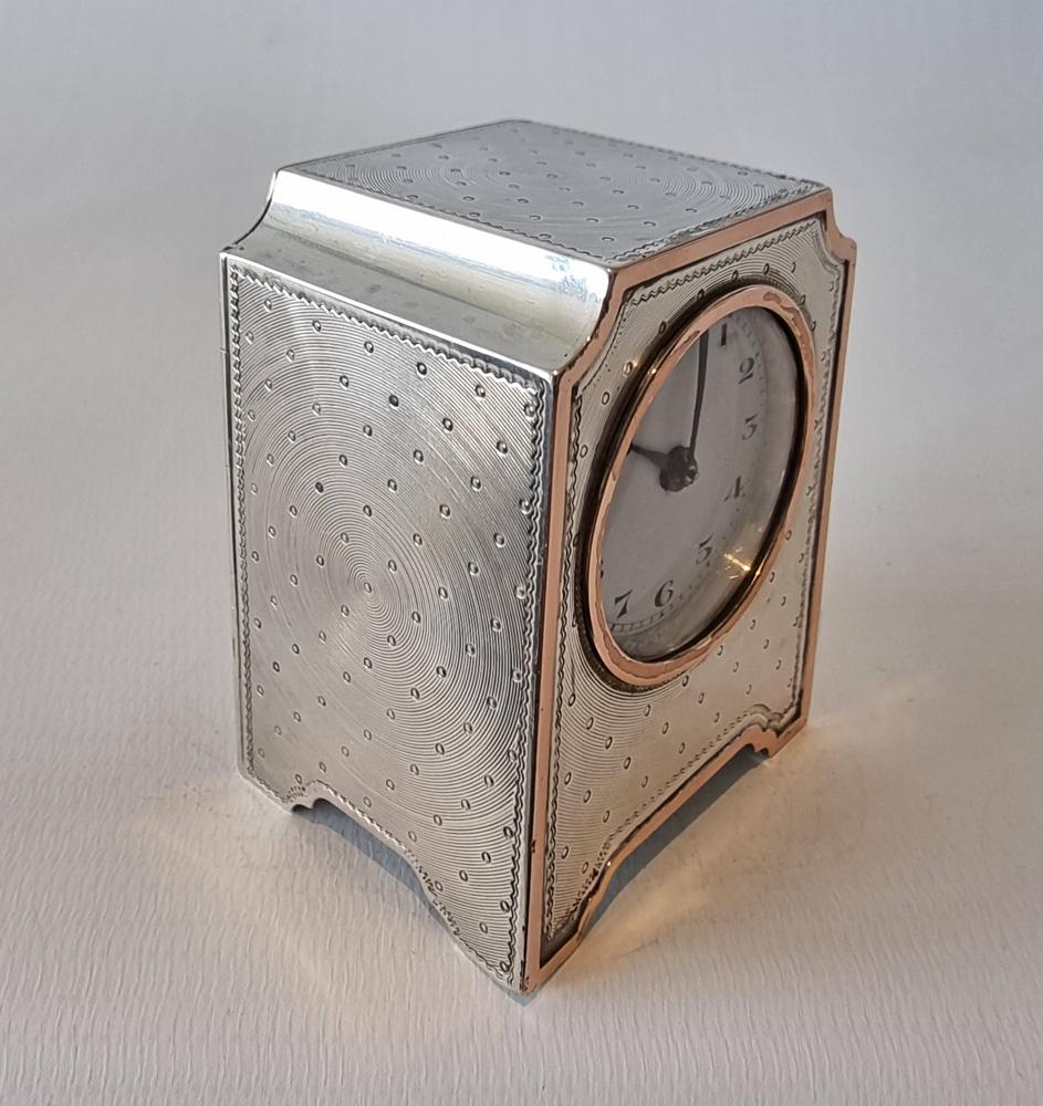Miniature Silver and Rose Gold Carriage or Boudoir Clock by John