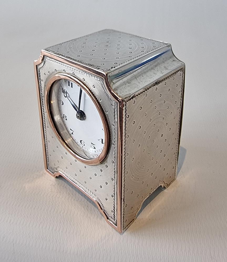 Miniature Silver and Rose Gold Carriage or Boudoir Clock by John
