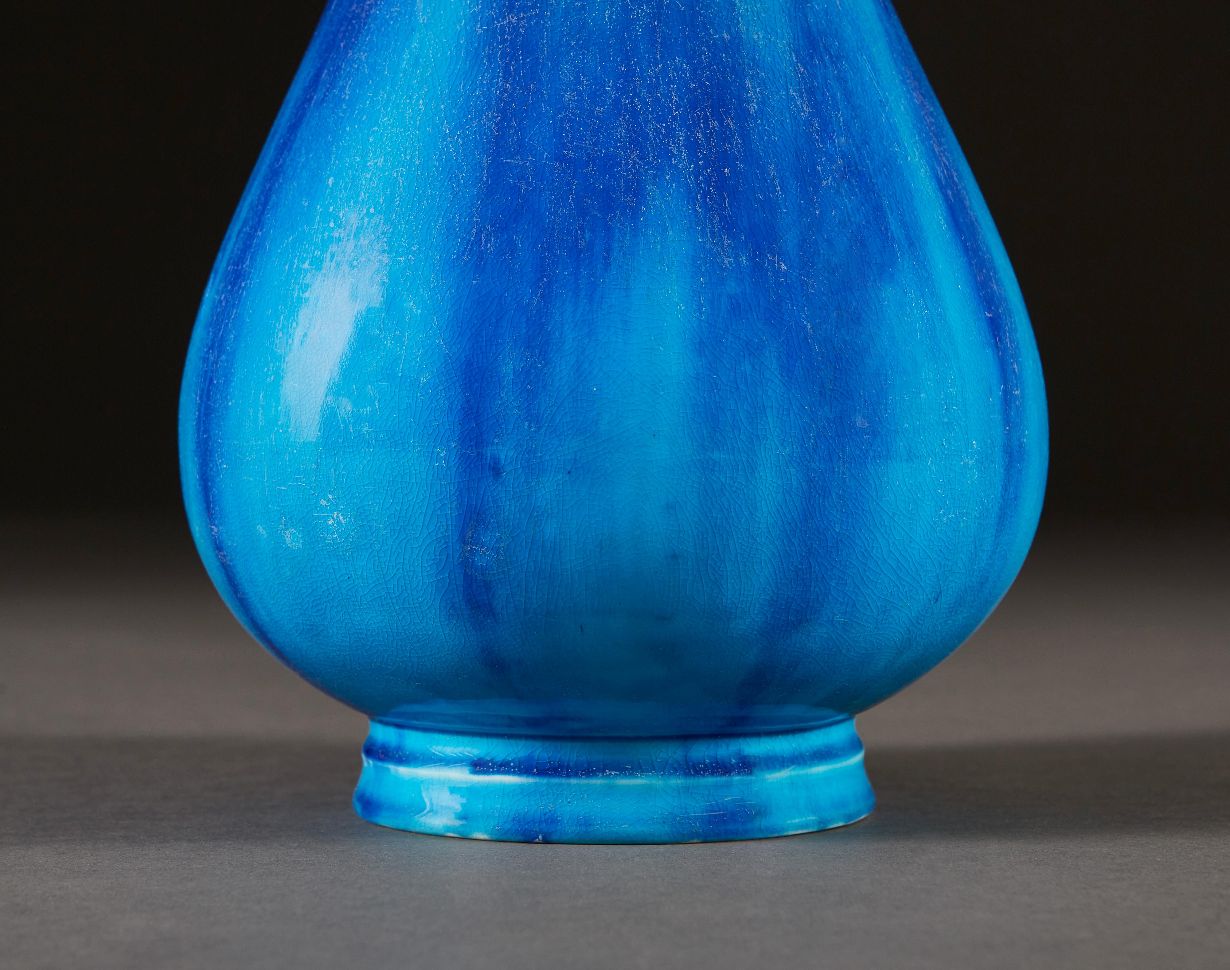 French Minton Blue Glaze Bottle Neck Vase as a Table Lamp