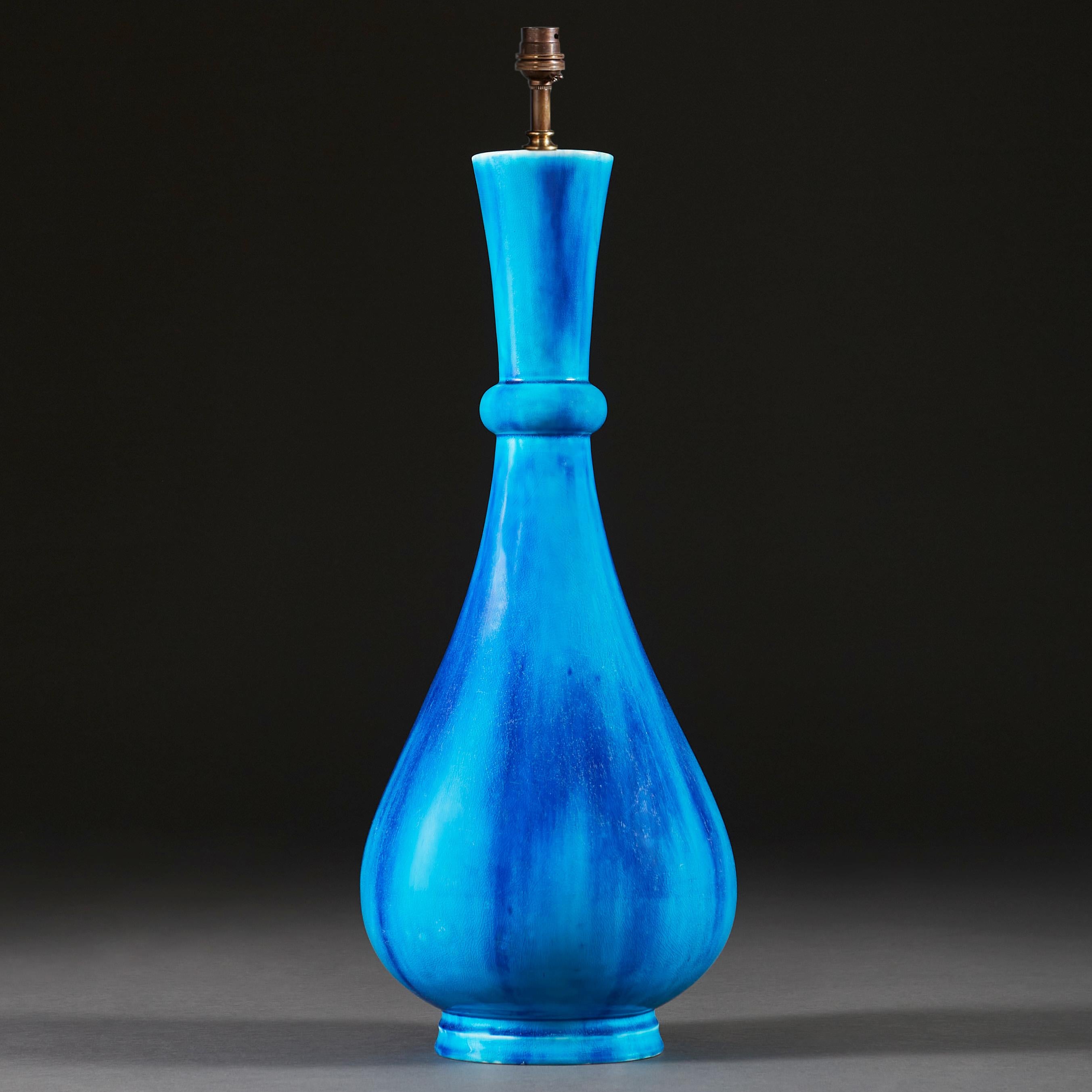 Glazed Minton Blue Glaze Bottle Neck Vase as a Table Lamp