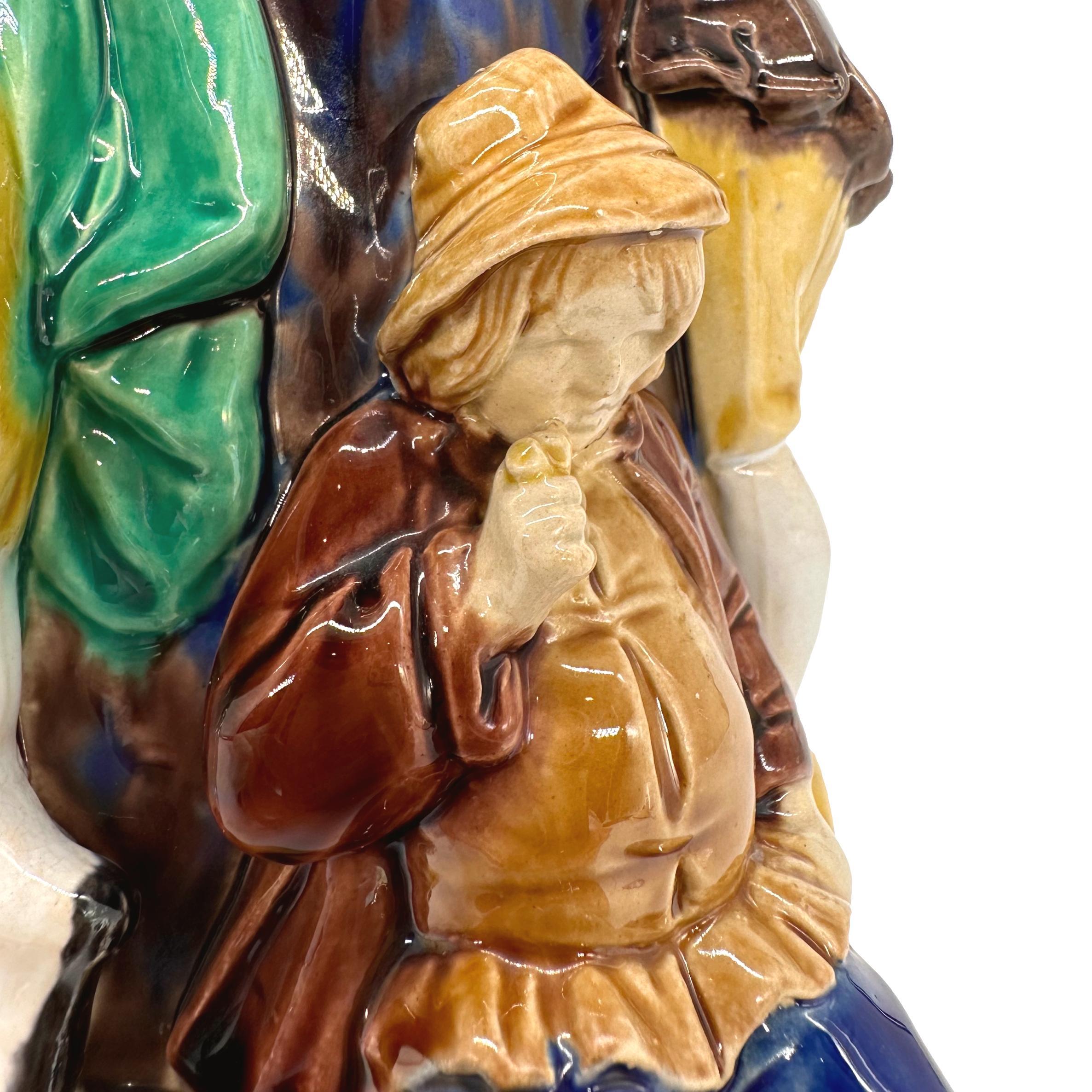 A Minton Majolica Ale Jug with Five Revelers in Medieval Dress, dated 1862 For Sale 3