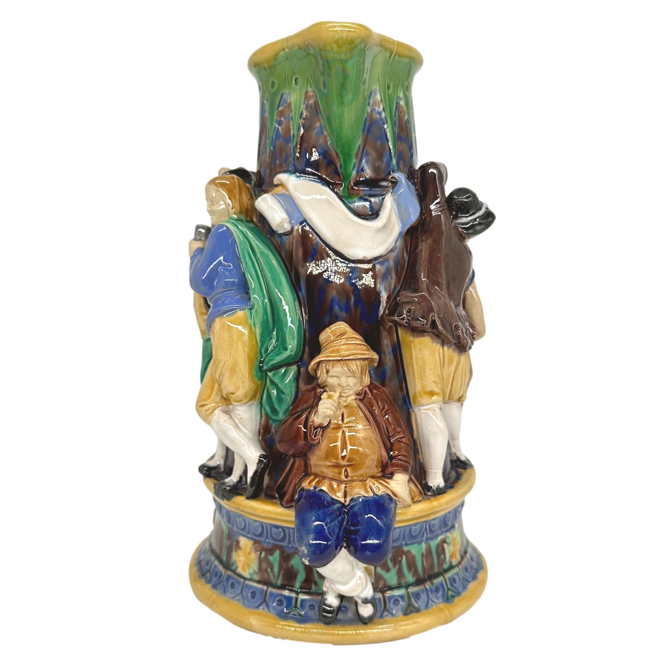 Victorian A Minton Majolica Ale Jug with Five Revelers in Medieval Dress, dated 1862 For Sale