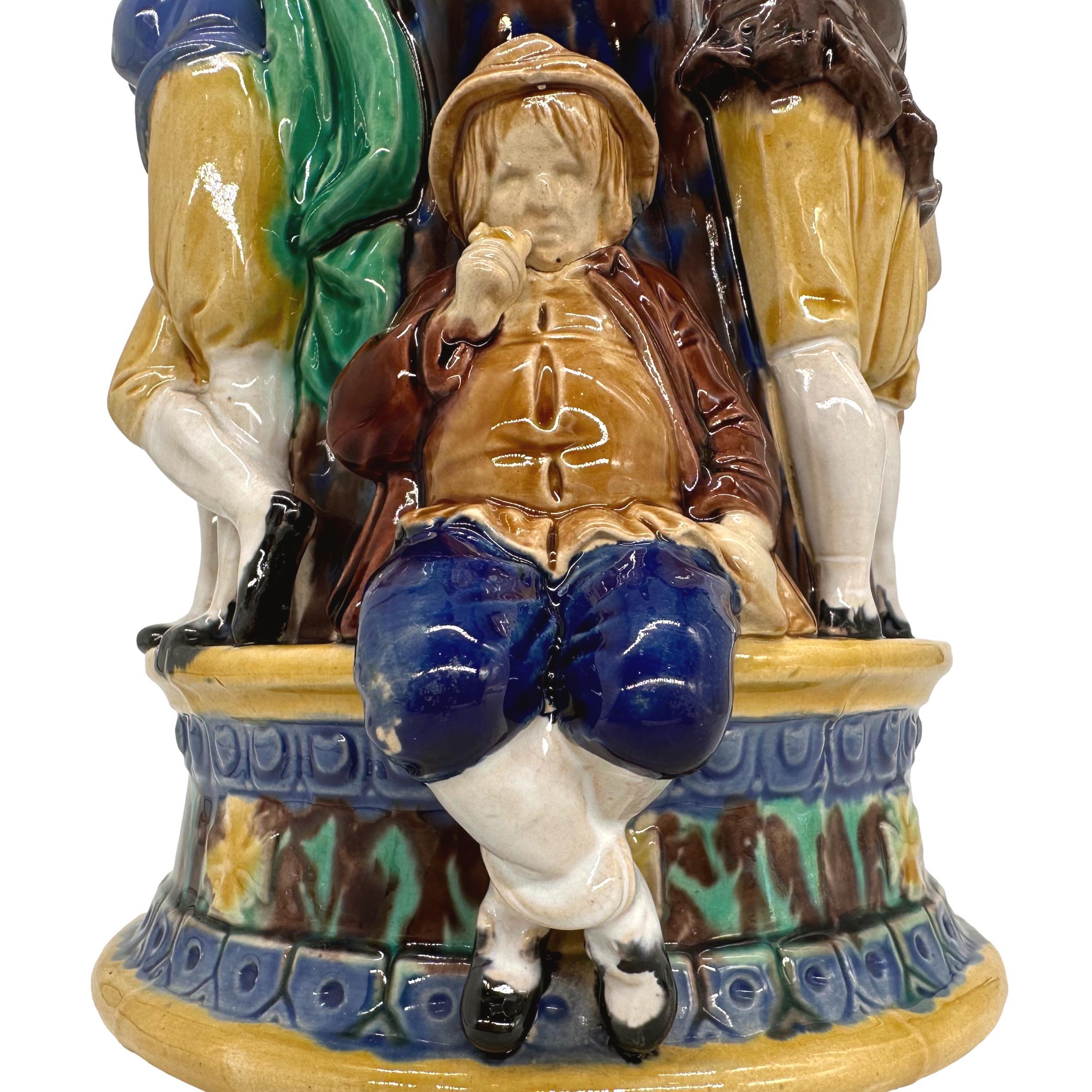 19th Century A Minton Majolica Ale Jug with Five Revelers in Medieval Dress, dated 1862 For Sale