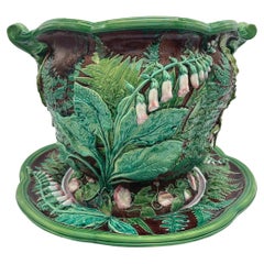 A Minton Majolica Foxglove Jardiniere with Underplate, English, Dated: 1868
