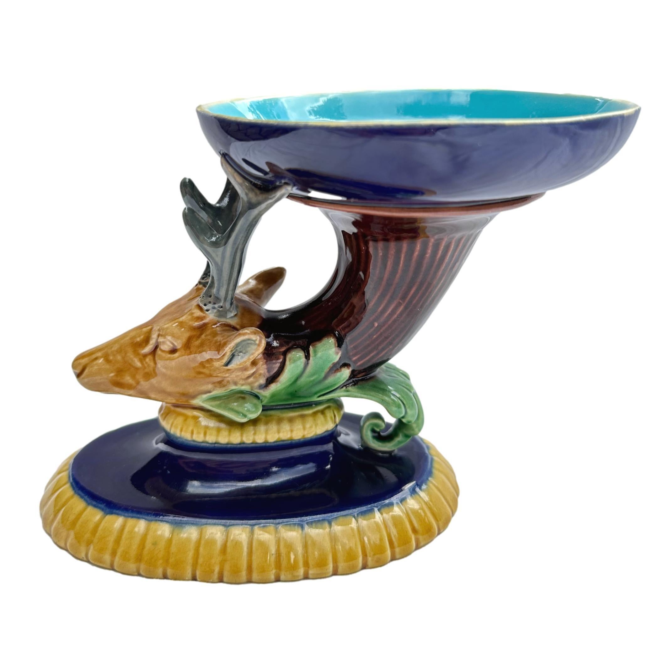 Molded A Minton Majolica Stag's Head Small Taza in Cobalt Blue, English, ca. 1868 For Sale