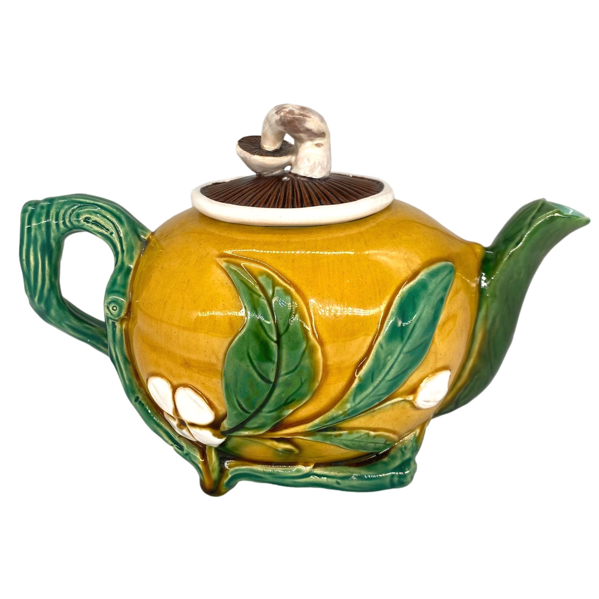 Molded A Minton Majolica Teapot, Gourd-Form with Mushroom Lid, English, Dated 1861 For Sale