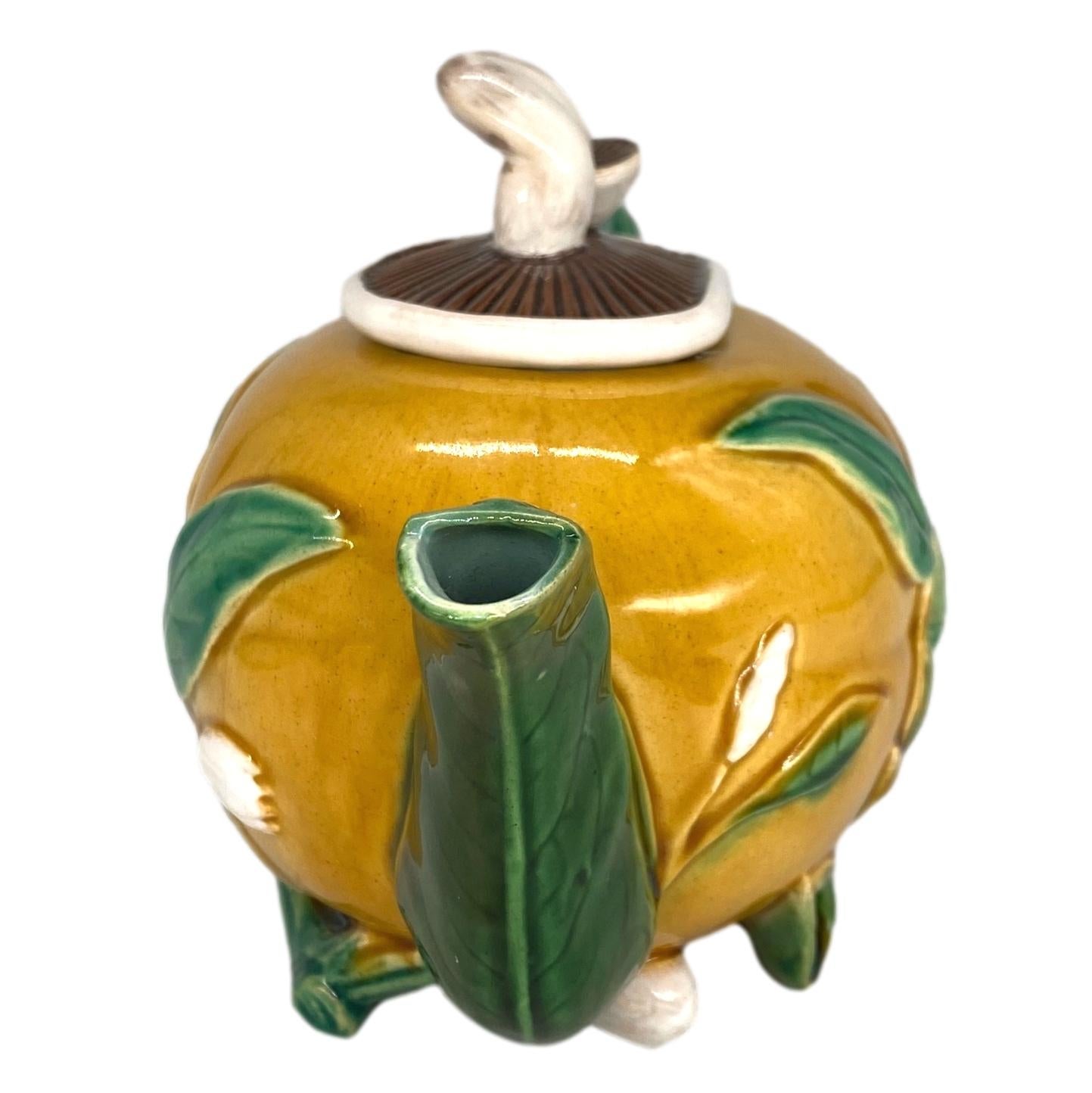 A Minton Majolica Teapot, Gourd-Form with Mushroom Lid, English, Dated 1861 In Good Condition For Sale In Banner Elk, NC